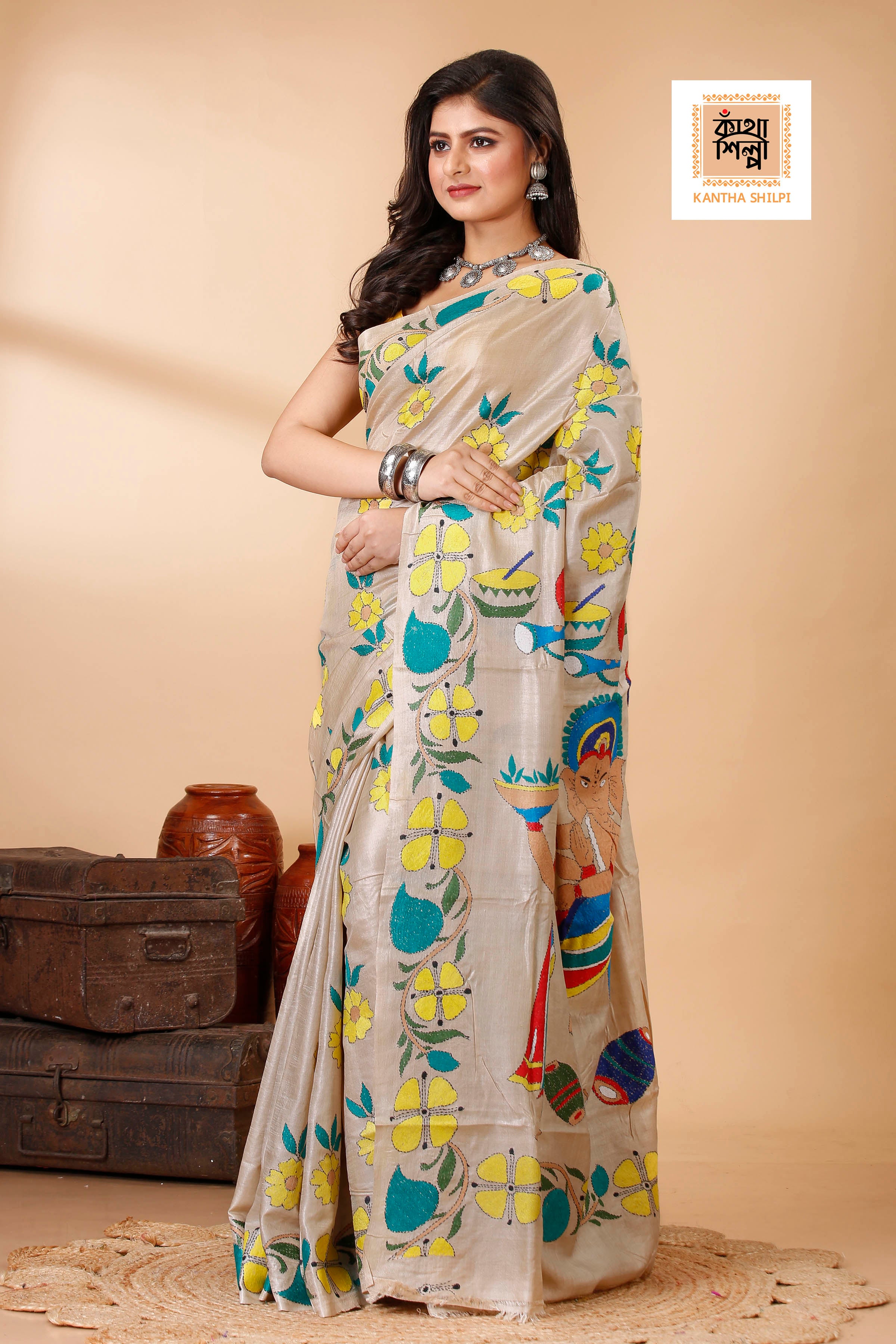 Gachi Tussar Multicolor Thread Work Lord Ganesha and Floral Design Kantha Stitch Saree