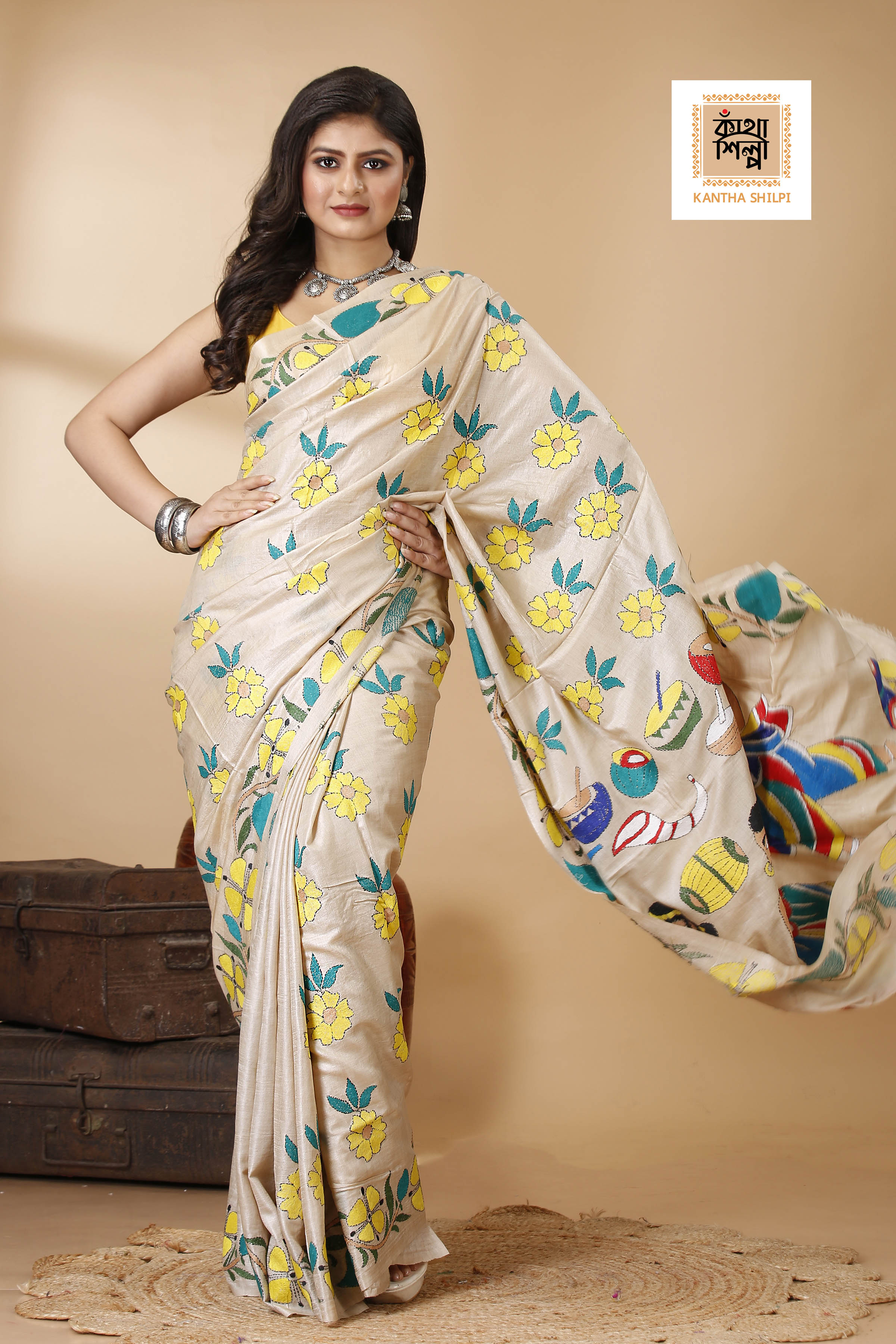 Gachi Tussar Multicolor Thread Work Lord Ganesha and Floral Design Kantha Stitch Saree