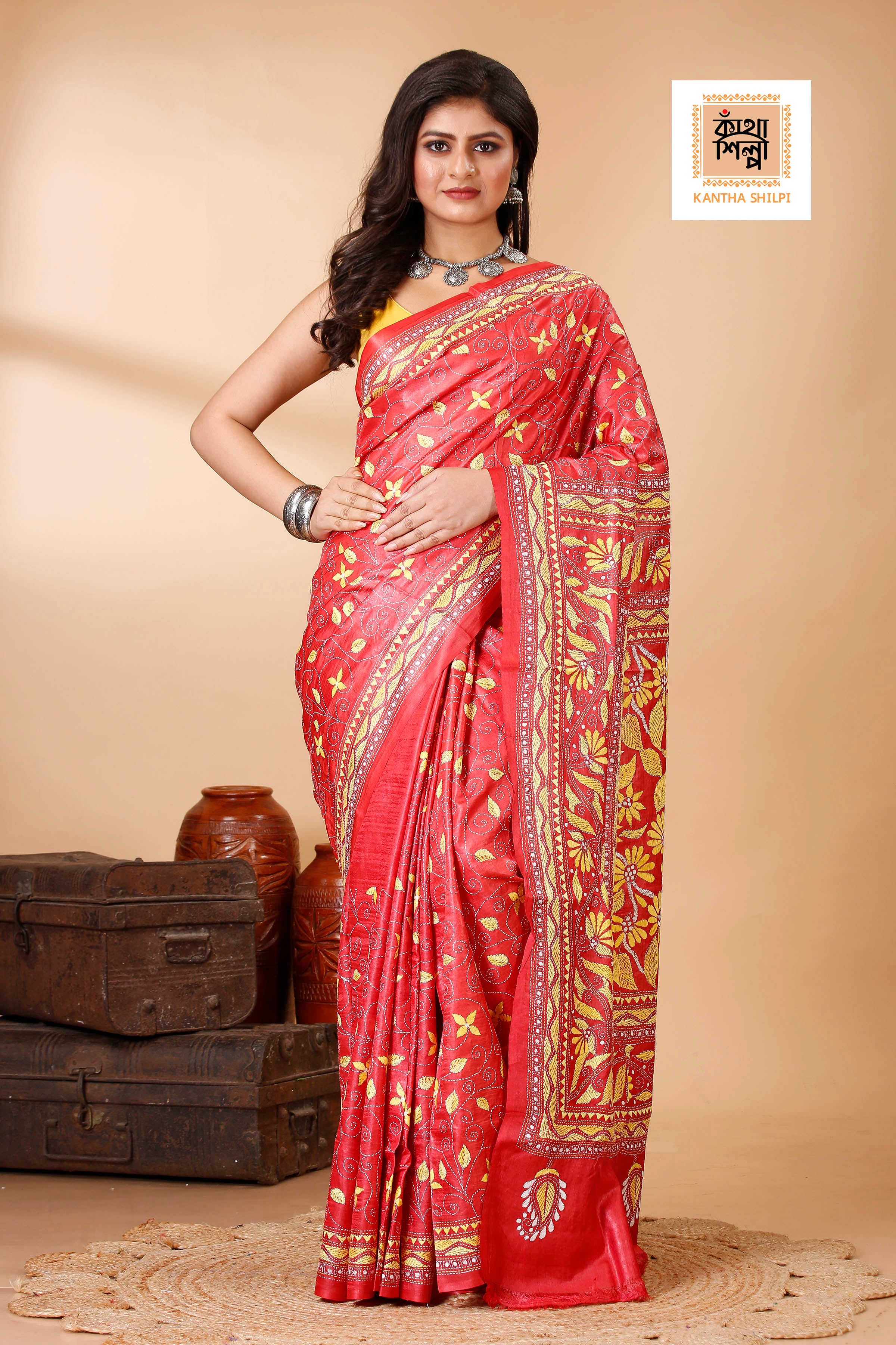 Coral Red Color Dye Tussar Yellow Color Thread Work Kantha Stitch Saree
