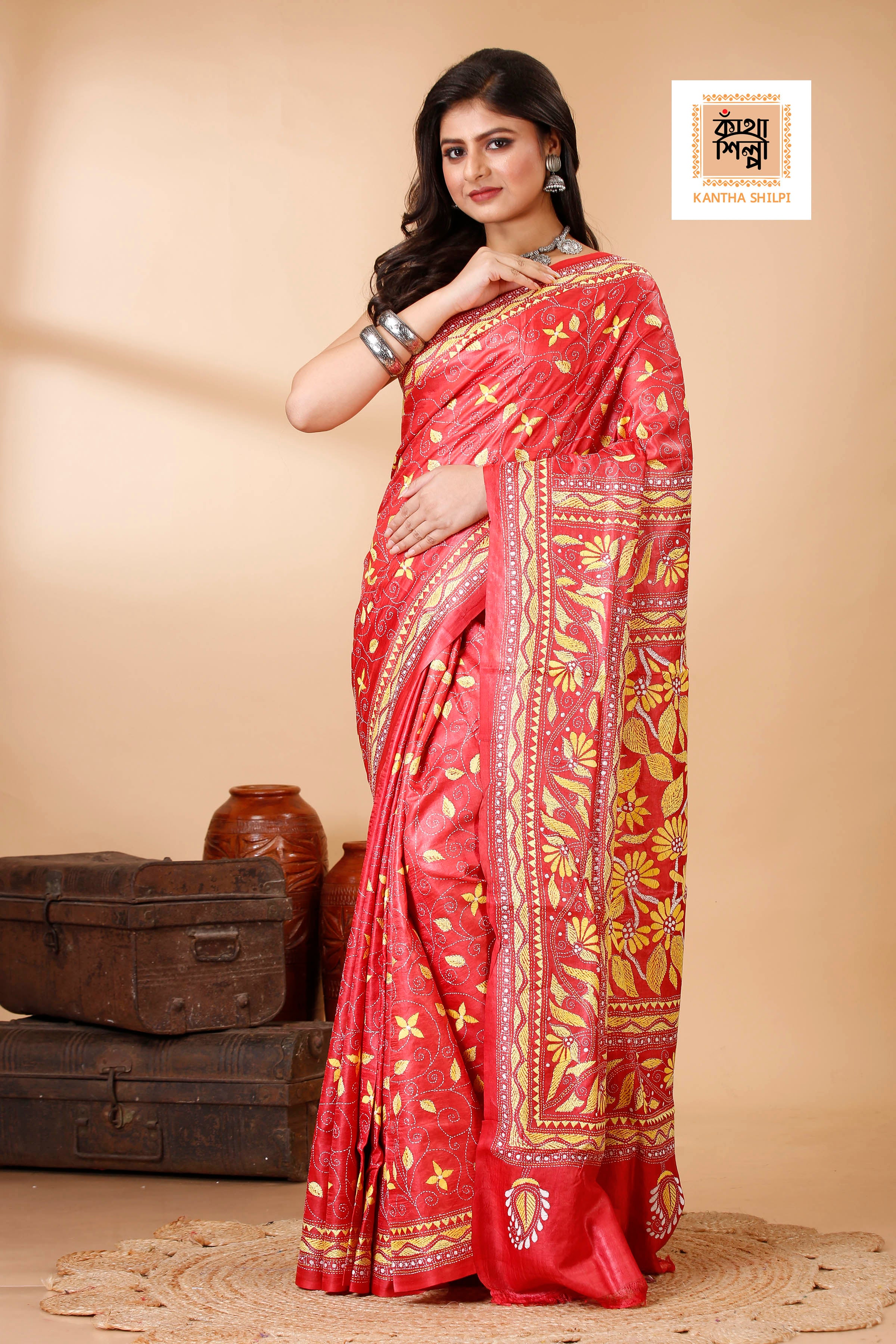 Coral Red Color Dye Tussar Yellow Color Thread Work Kantha Stitch Saree