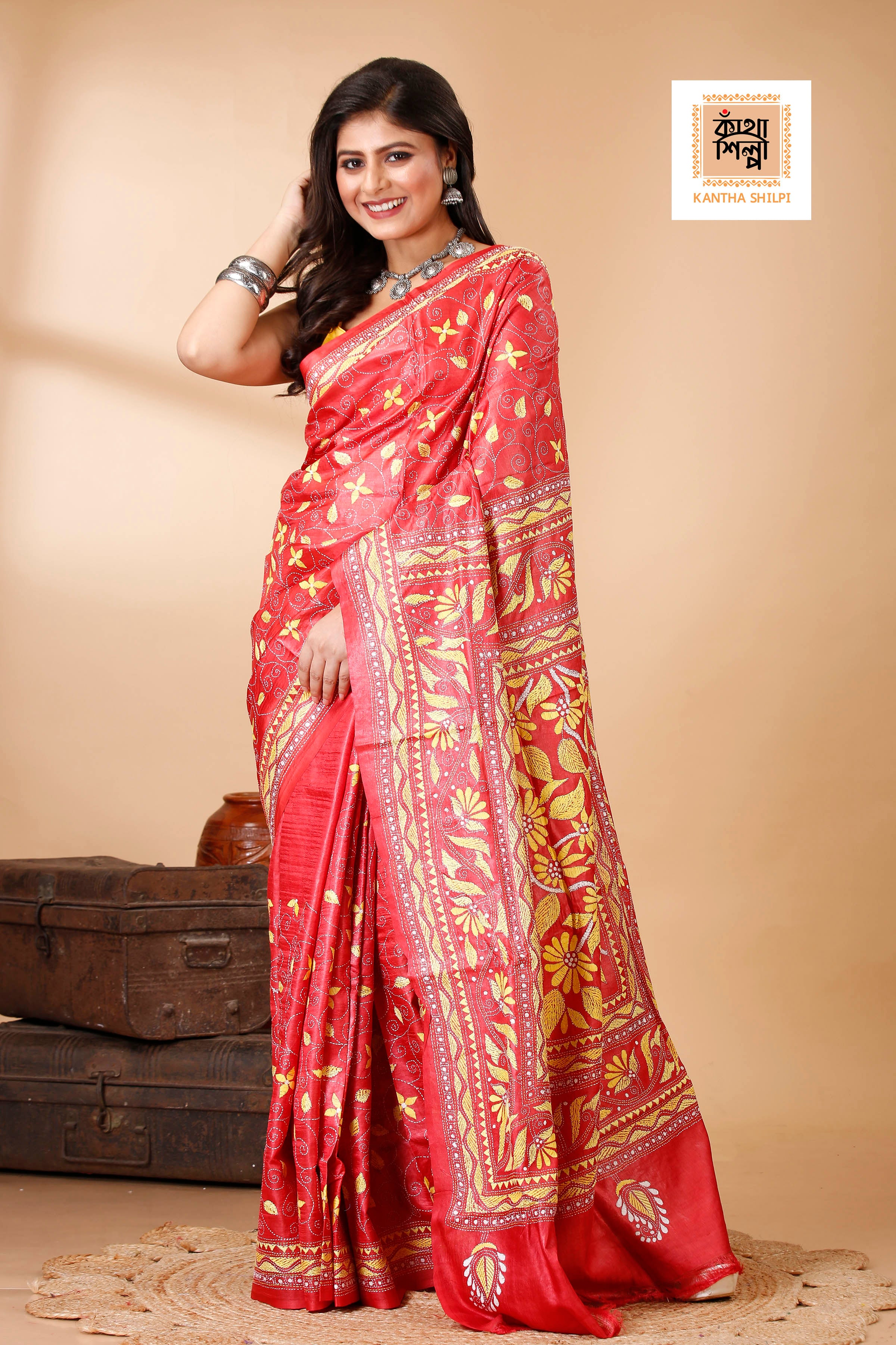 Coral Red Color Dye Tussar Yellow Color Thread Work Kantha Stitch Saree