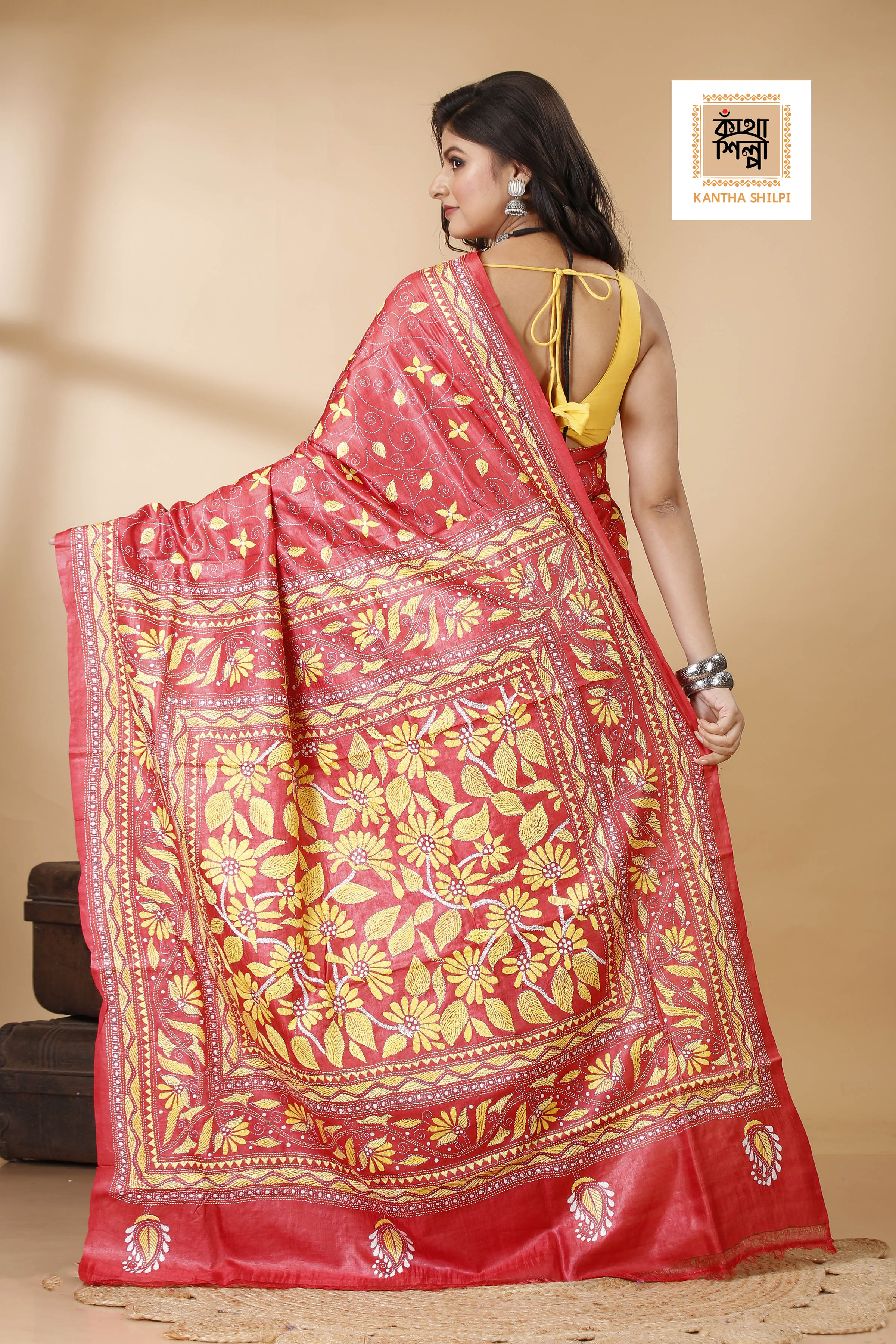 Coral Red Color Dye Tussar Yellow Color Thread Work Kantha Stitch Saree