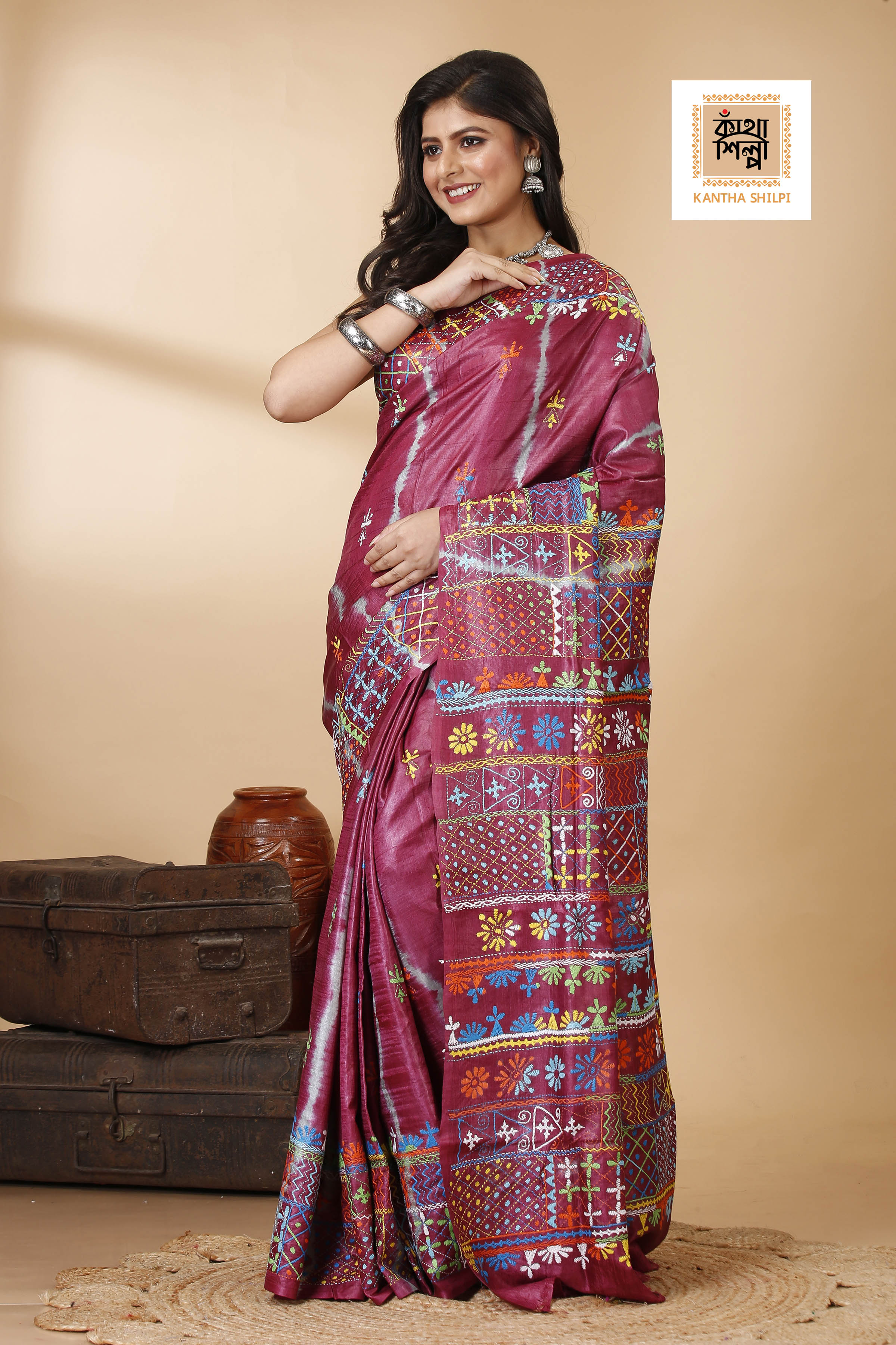 Drak Rose Color Dye Tussar Multicolor Thread Work Kantha Stitch Saree
