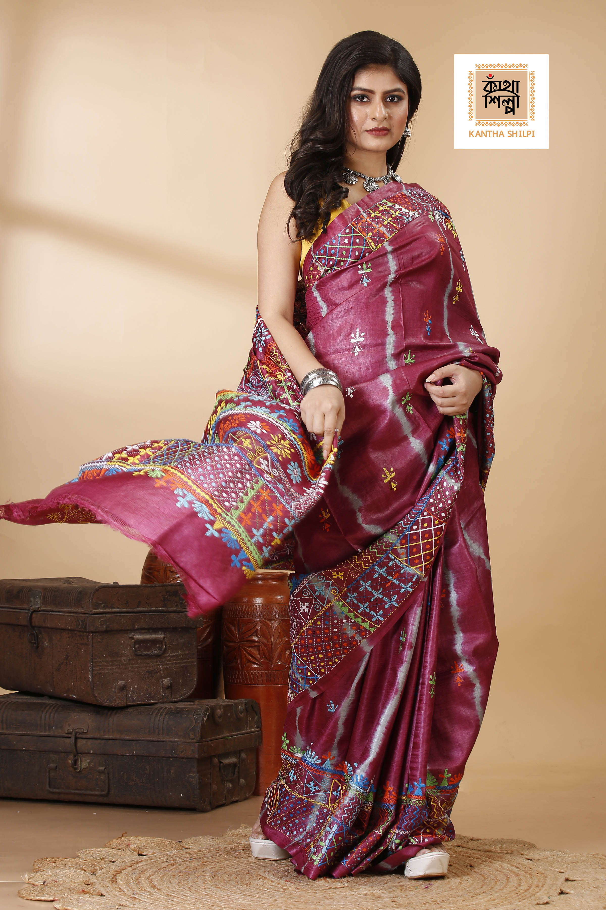 Drak Rose Color Dye Tussar Multicolor Thread Work Kantha Stitch Saree