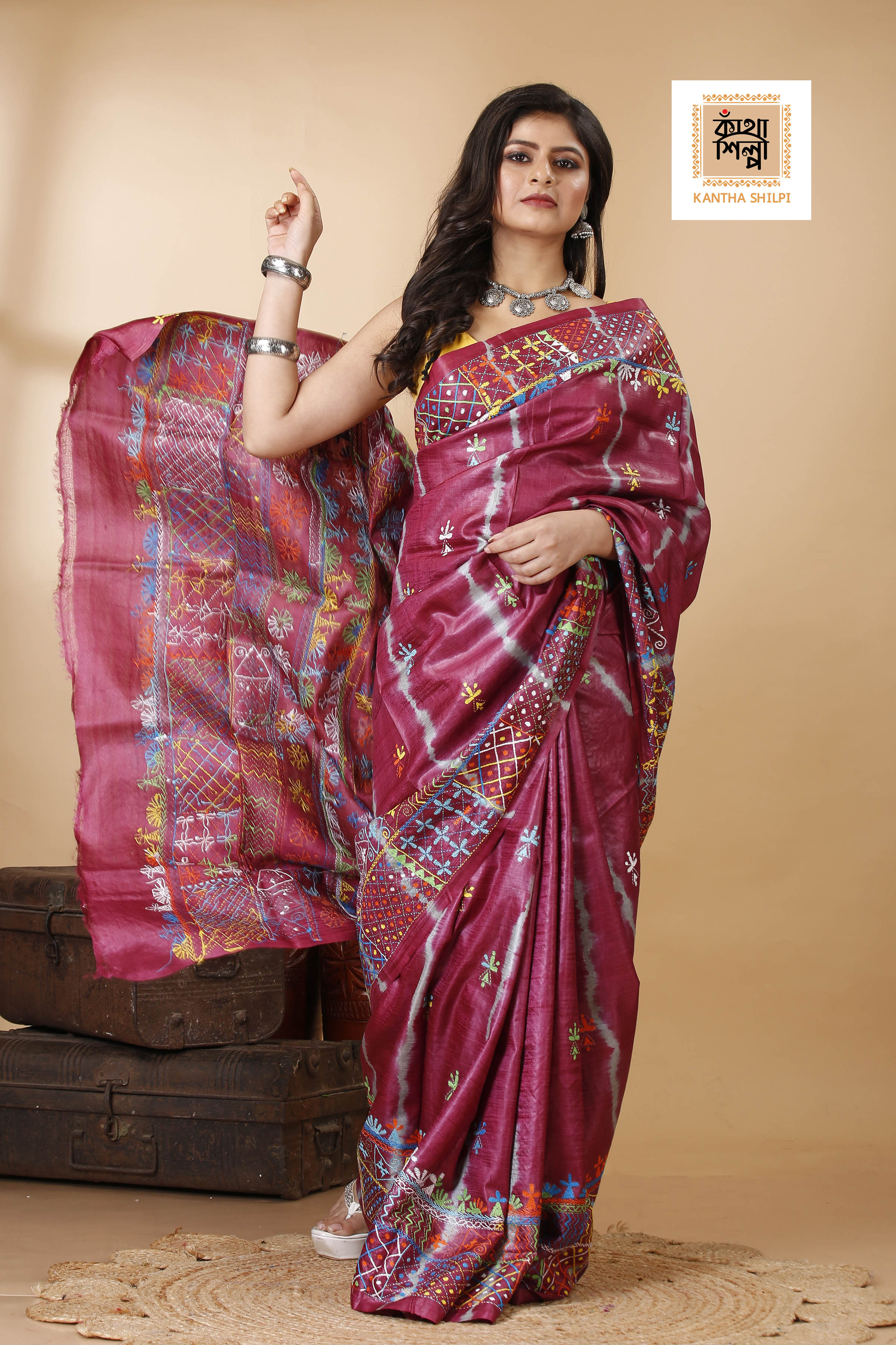 Drak Rose Color Dye Tussar Multicolor Thread Work Kantha Stitch Saree