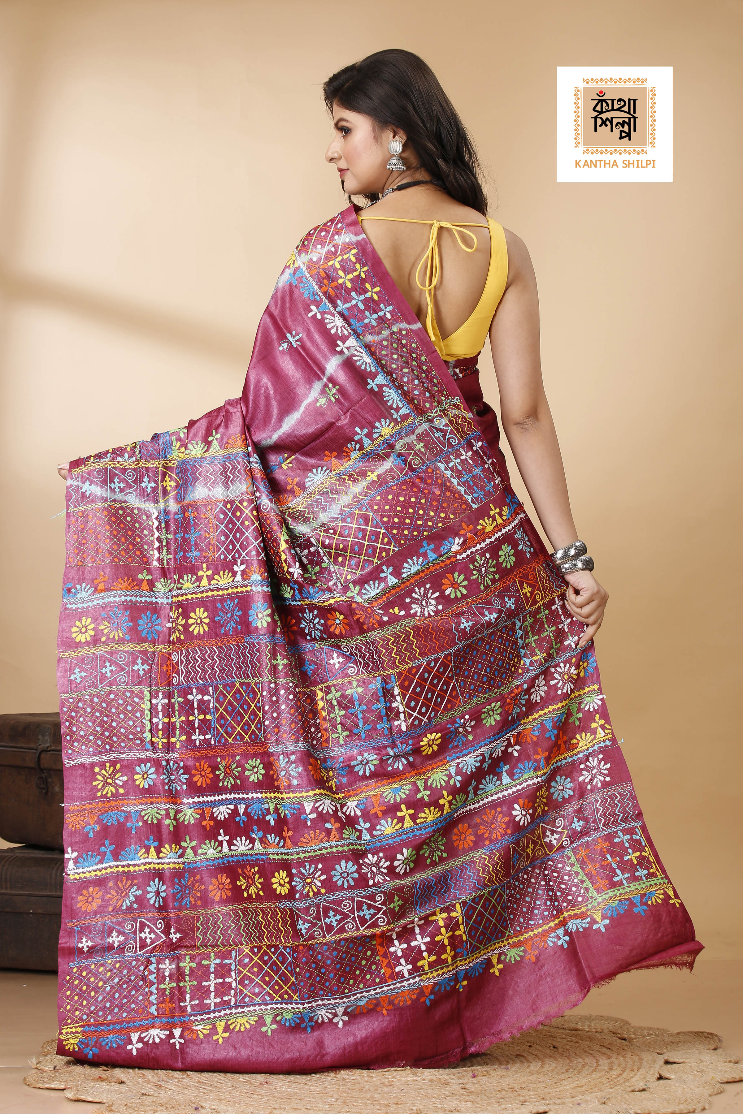 Drak Rose Color Dye Tussar Multicolor Thread Work Kantha Stitch Saree