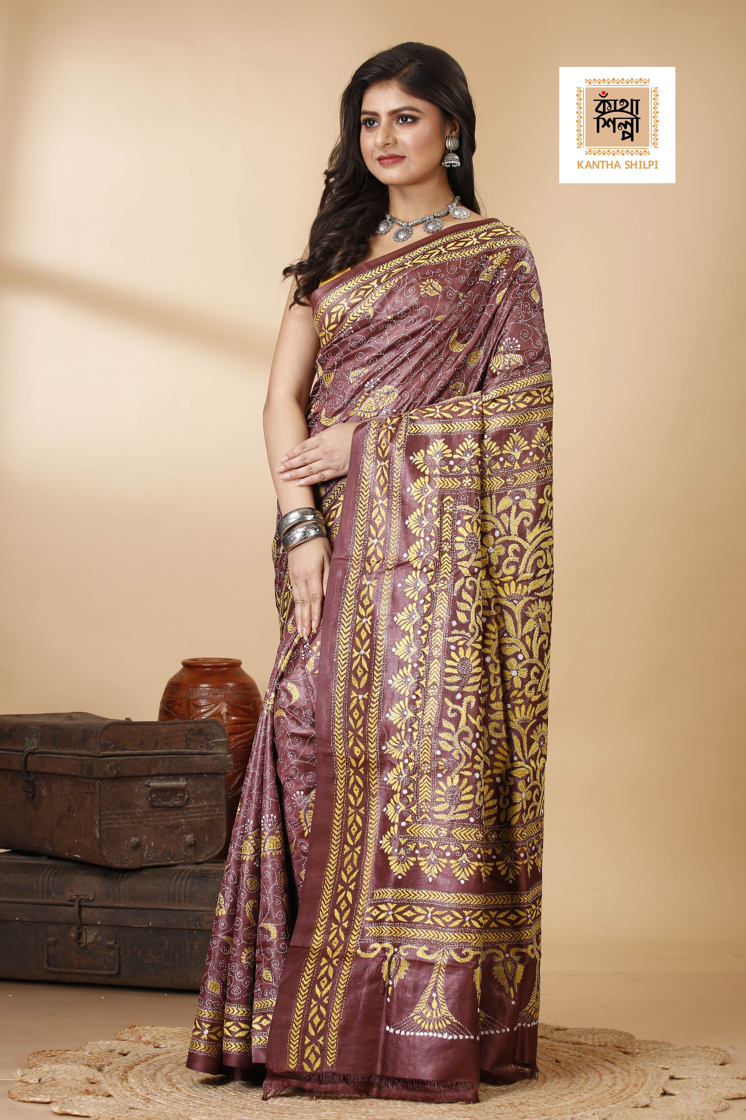 Wine Color Dye Tussar Yellow Color Thread Work Kantha Stitch Saree