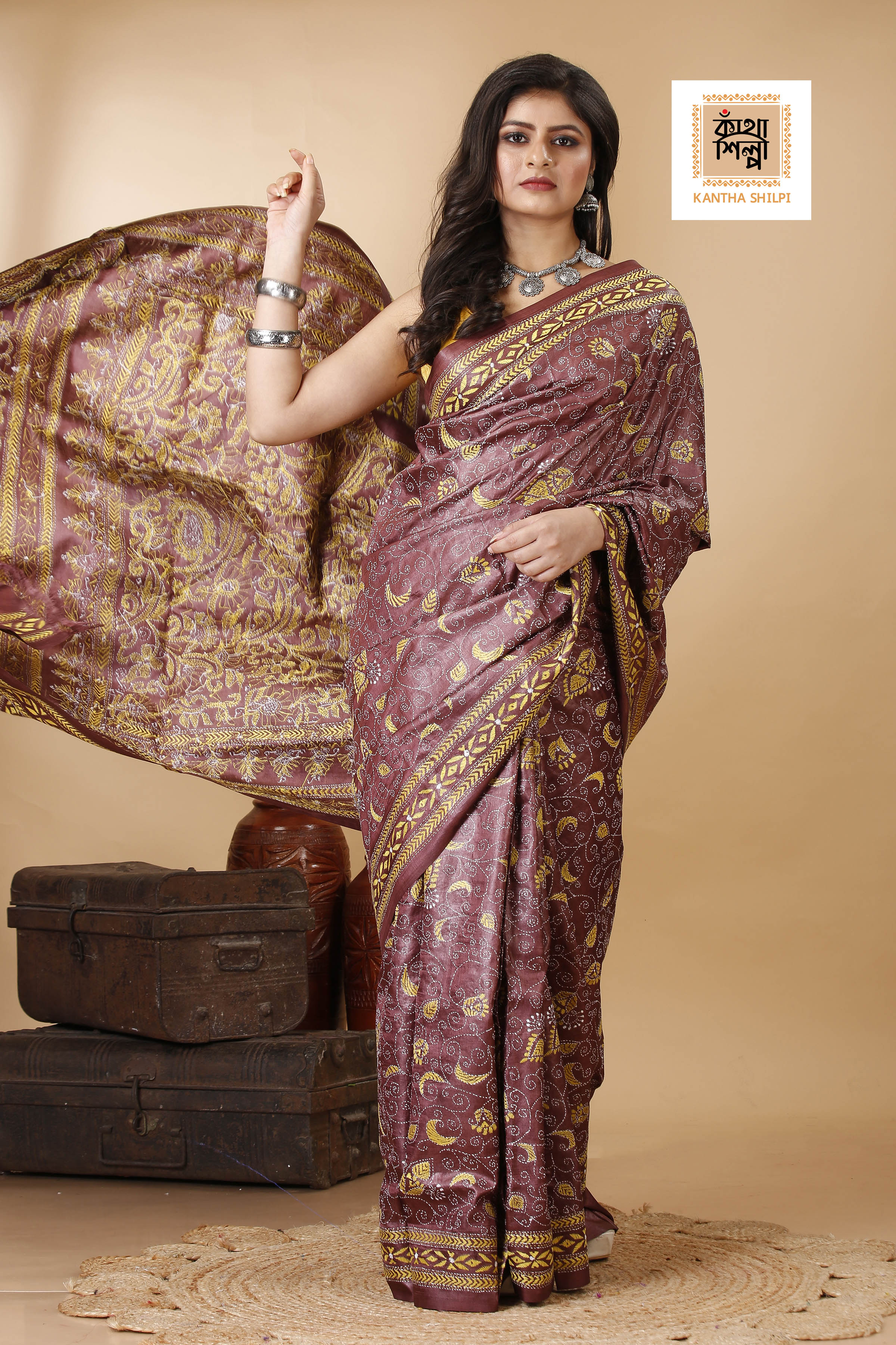 Wine Color Dye Tussar Yellow Color Thread Work Kantha Stitch Saree