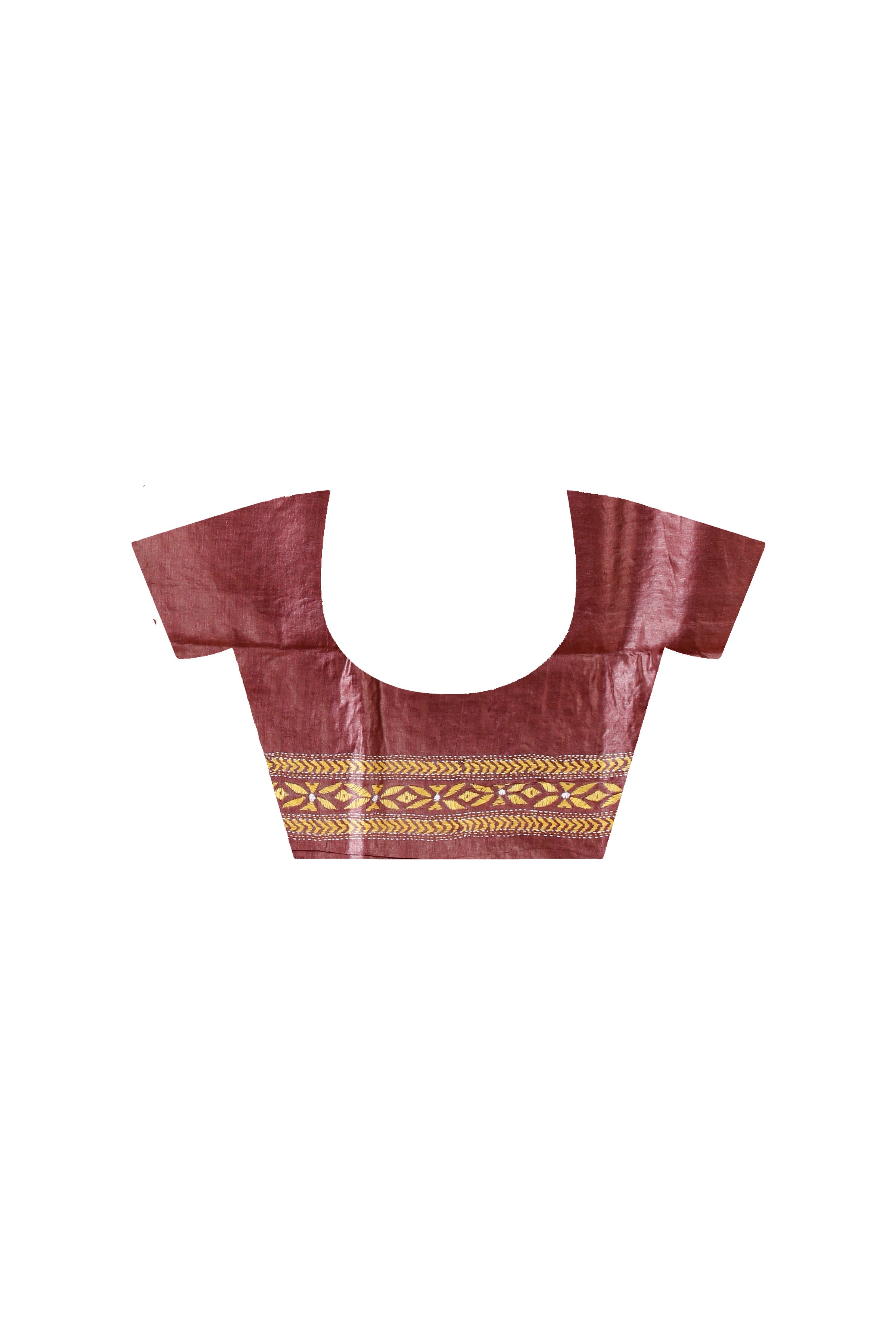 Wine Color Dye Tussar Yellow Color Thread Work Kantha Stitch Saree