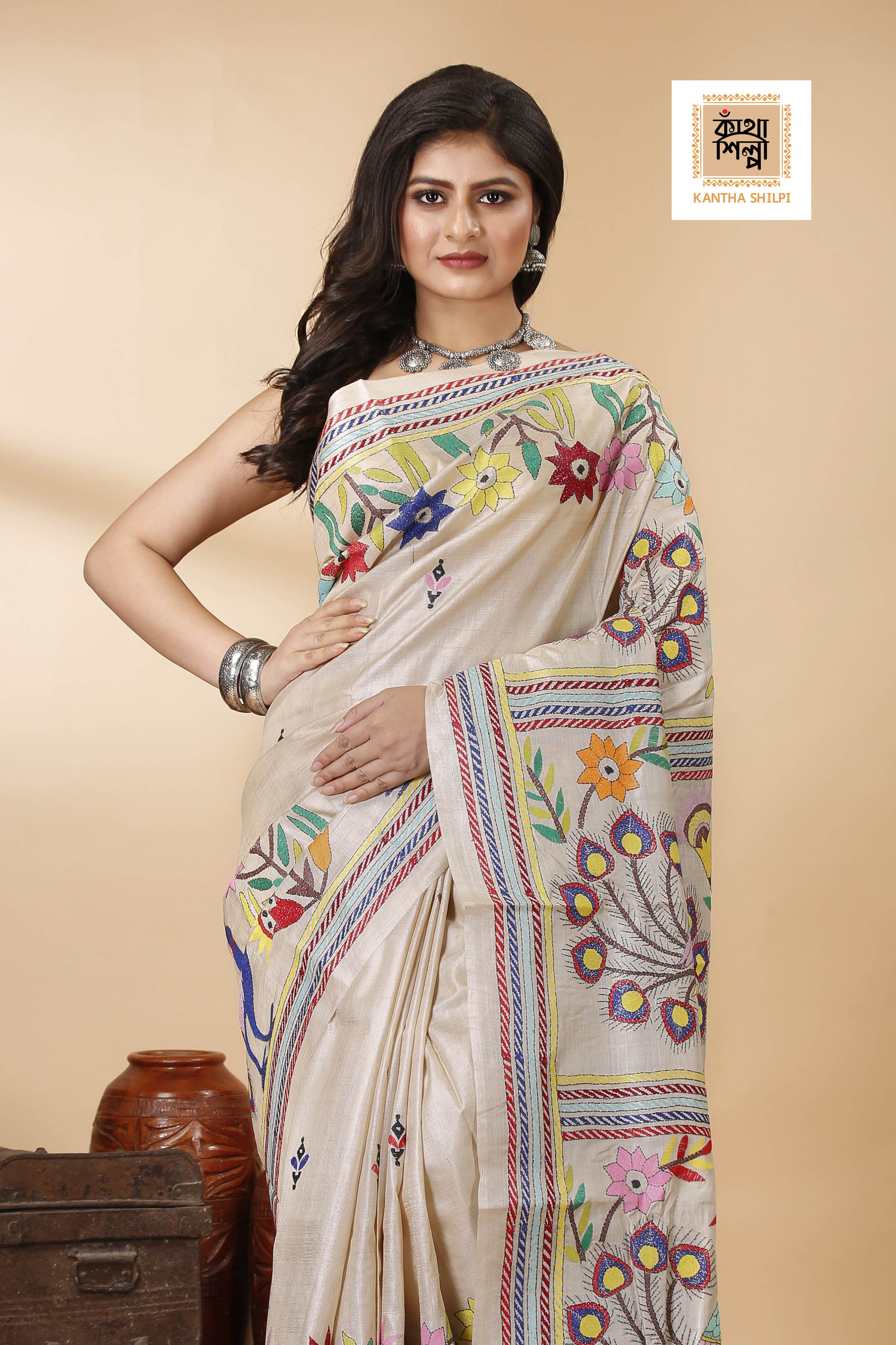 Gachi Tussar Multicolor Thread Work Peacock and Floral Design Kantha Stitch Saree
