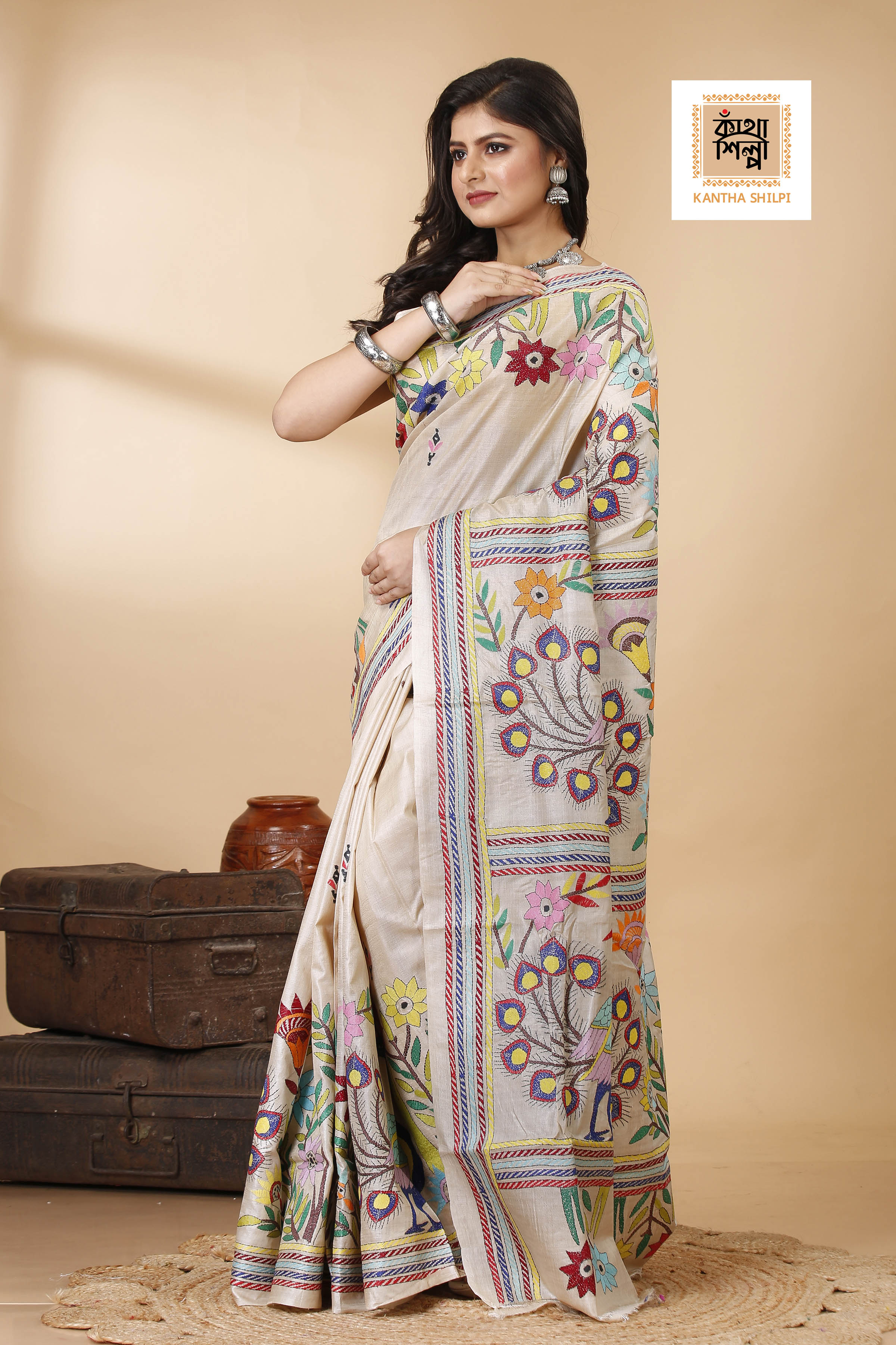 Gachi Tussar Multicolor Thread Work Peacock and Floral Design Kantha Stitch Saree