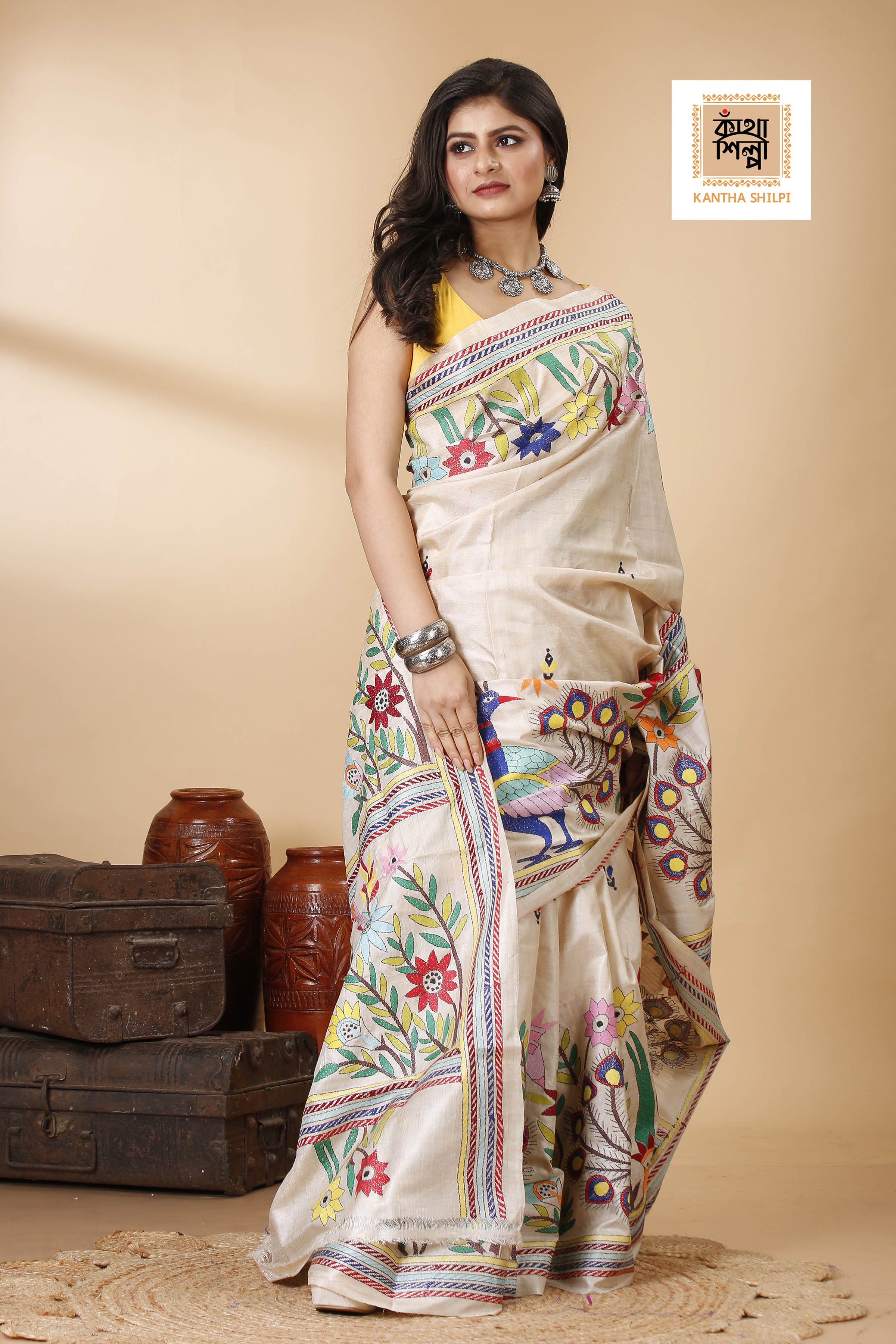 Gachi Tussar Multicolor Thread Work Peacock and Floral Design Kantha Stitch Saree