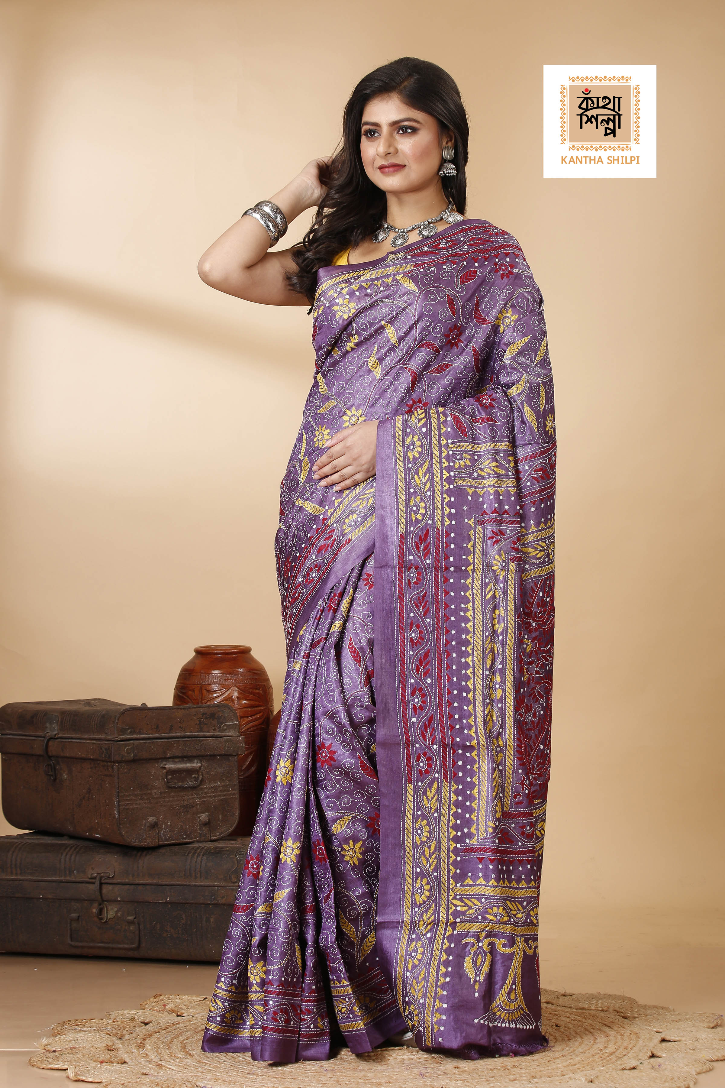 Magenta Color Dye Tussar Tricolor Thread Work Floral Motif Kantha Stitch Saree