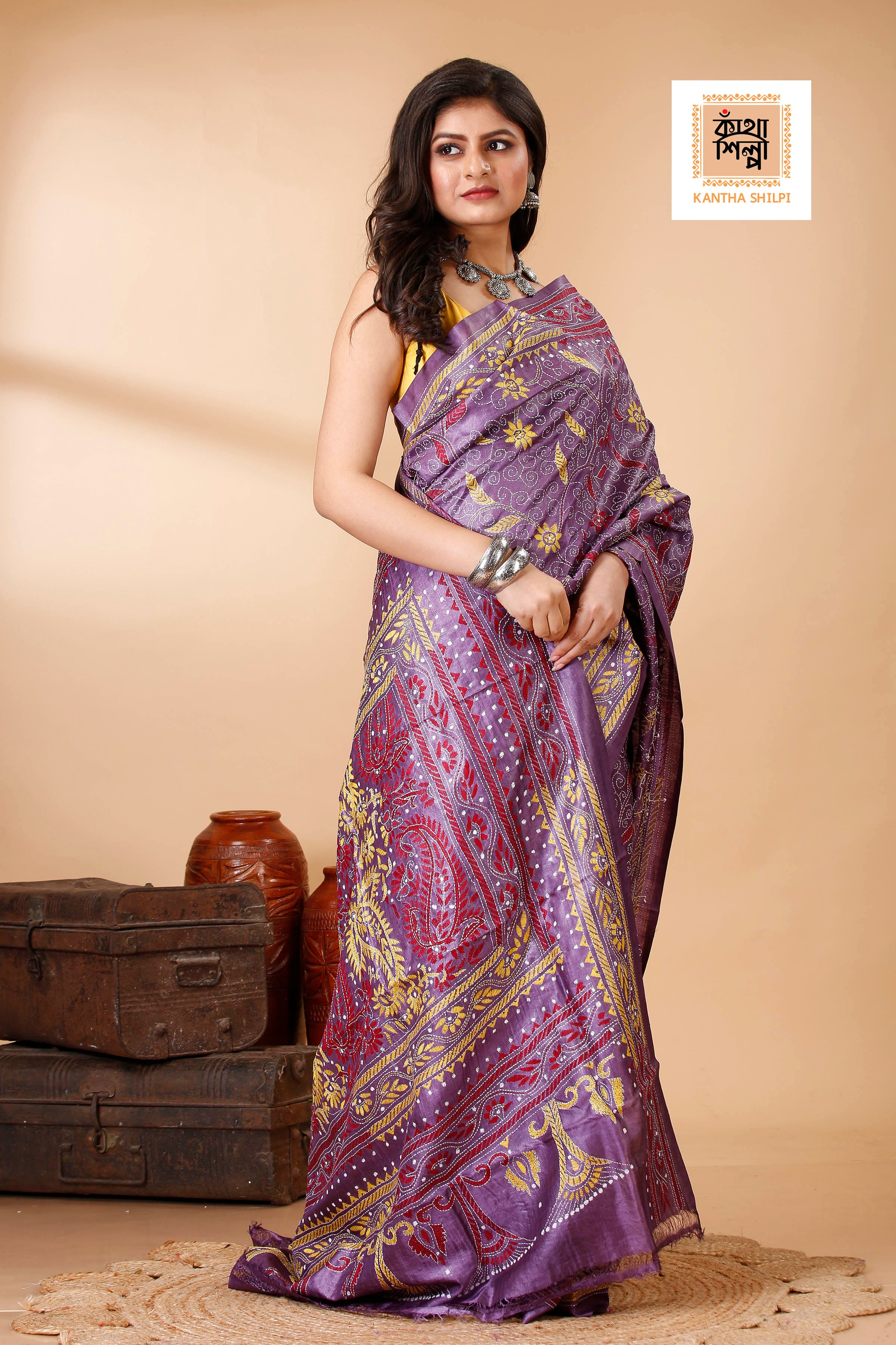 Magenta Color Dye Tussar Tricolor Thread Work Floral Motif Kantha Stitch Saree