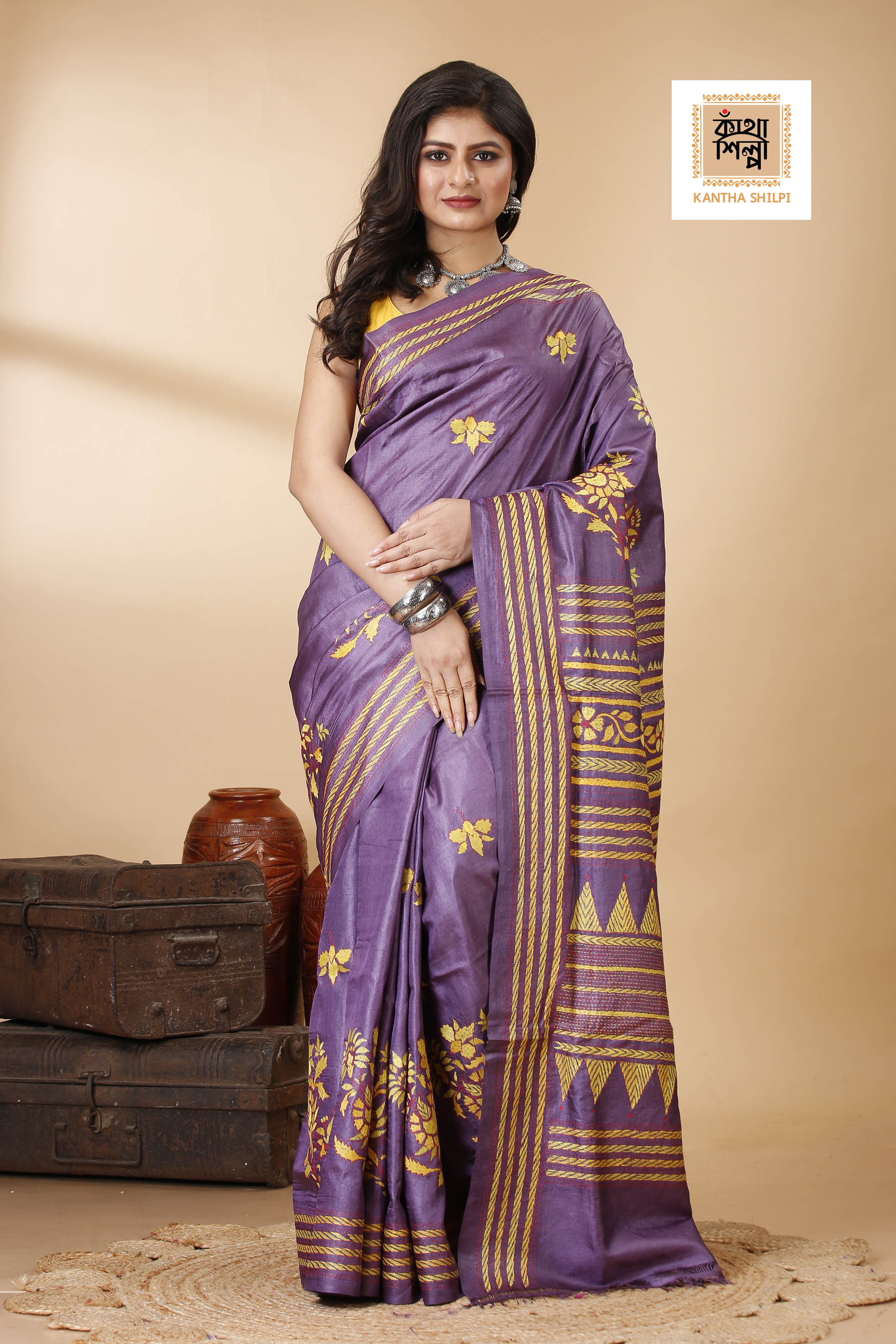 Magenta Color Dye Tussar Yellow Red color Thread Work Kantha Stitch Saree