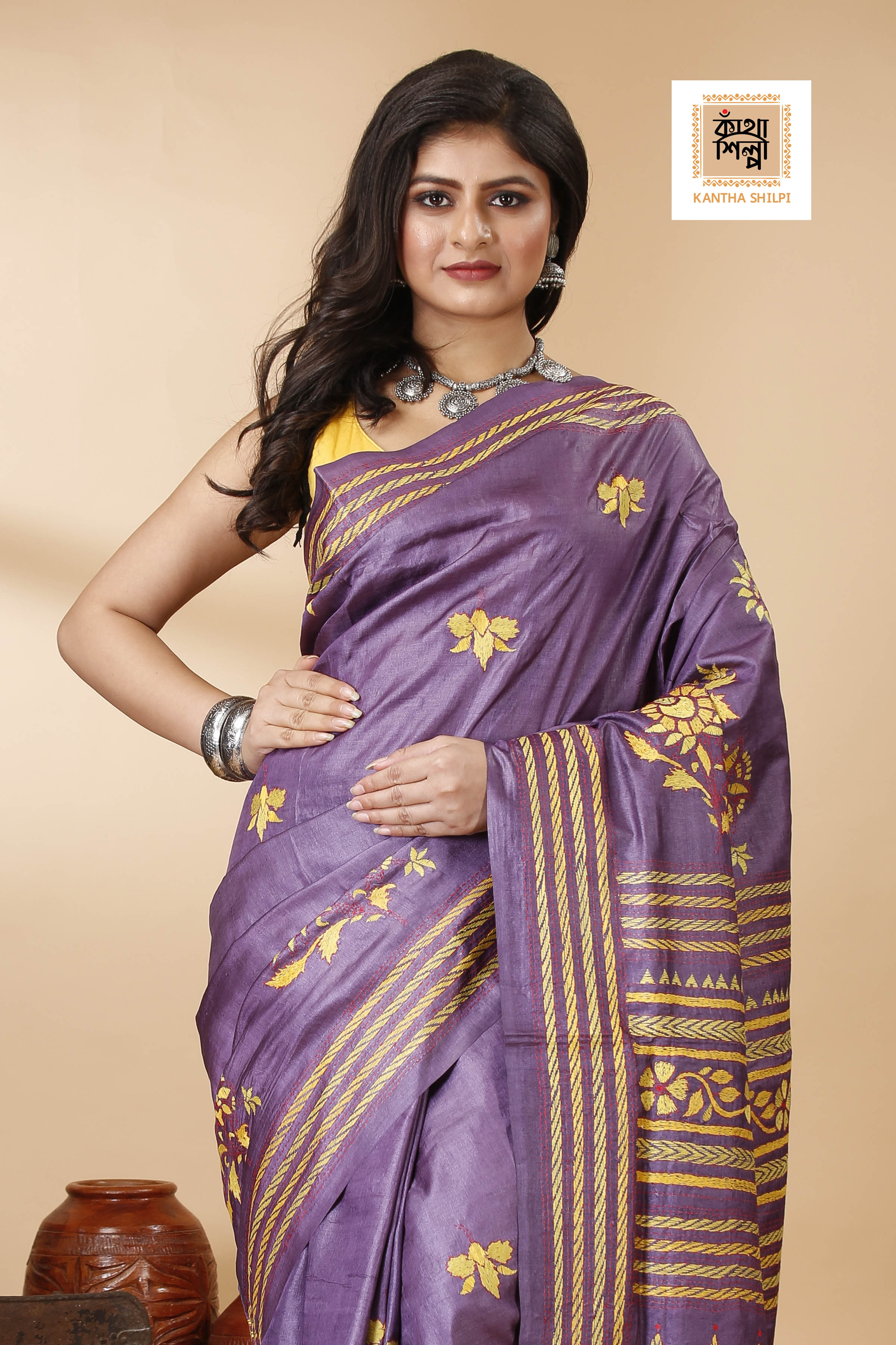 Magenta Color Dye Tussar Yellow Red color Thread Work Kantha Stitch Saree