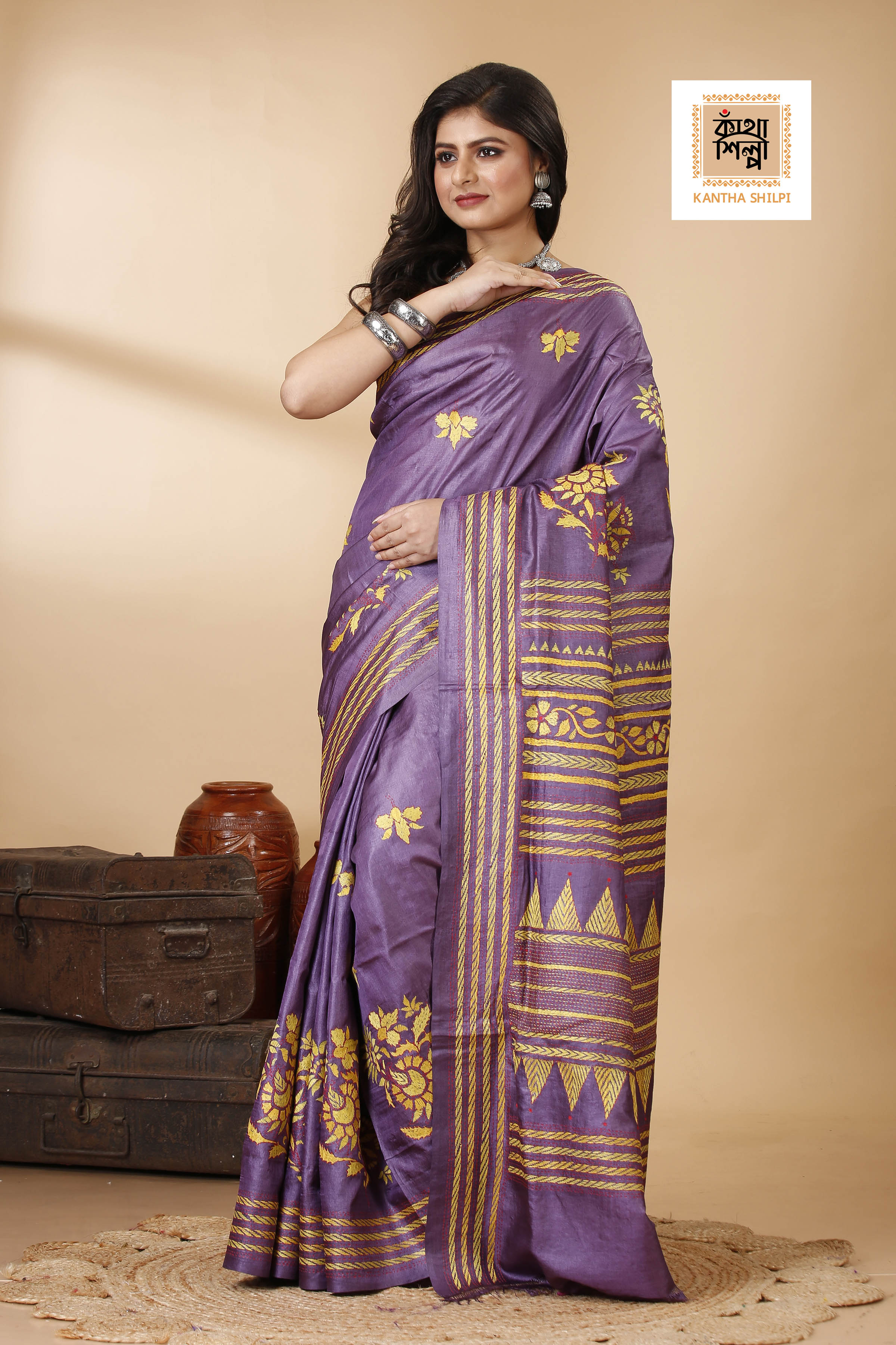 Magenta Color Dye Tussar Yellow Red color Thread Work Kantha Stitch Saree