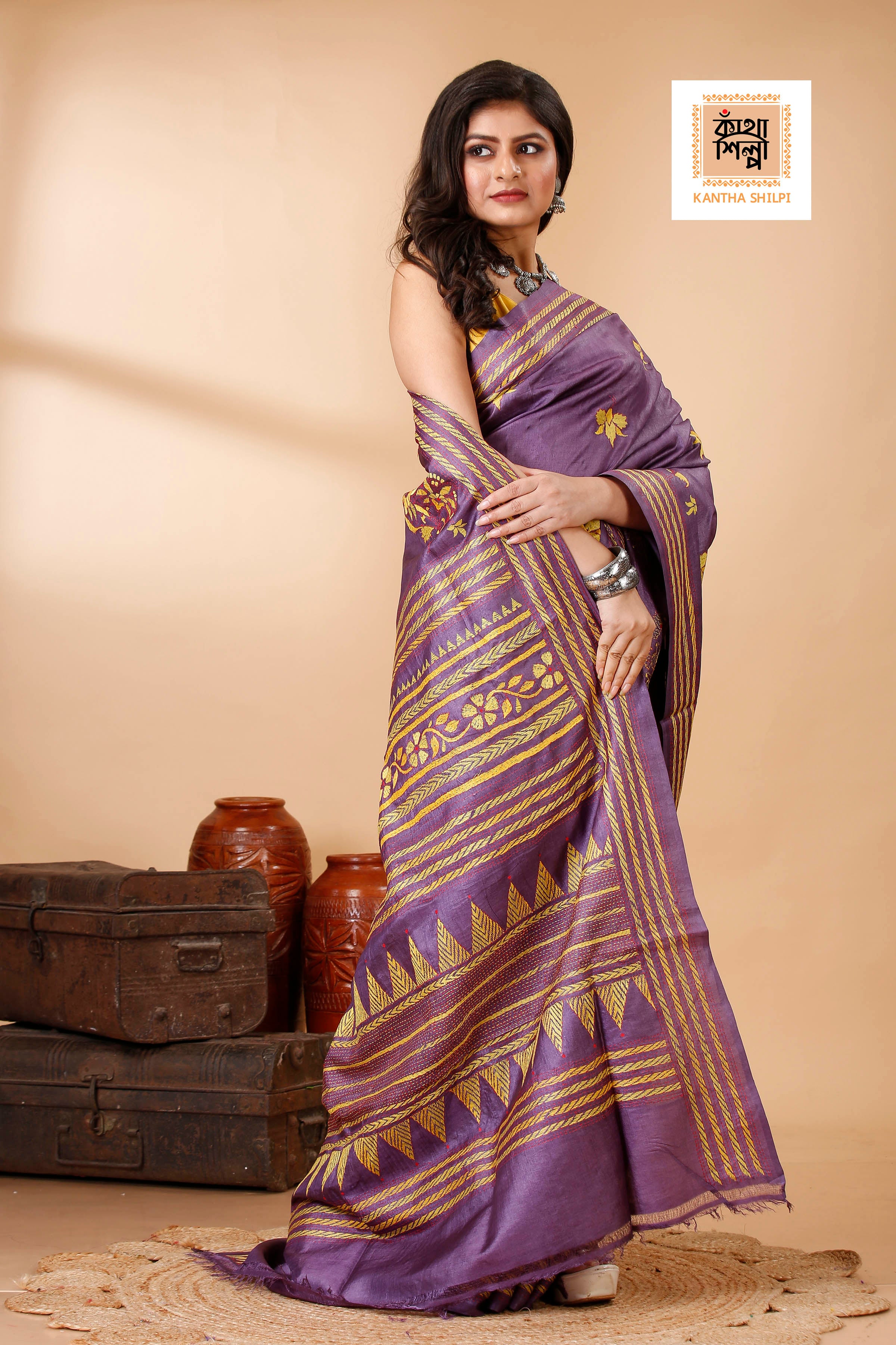 Magenta Color Dye Tussar Yellow Red color Thread Work Kantha Stitch Saree