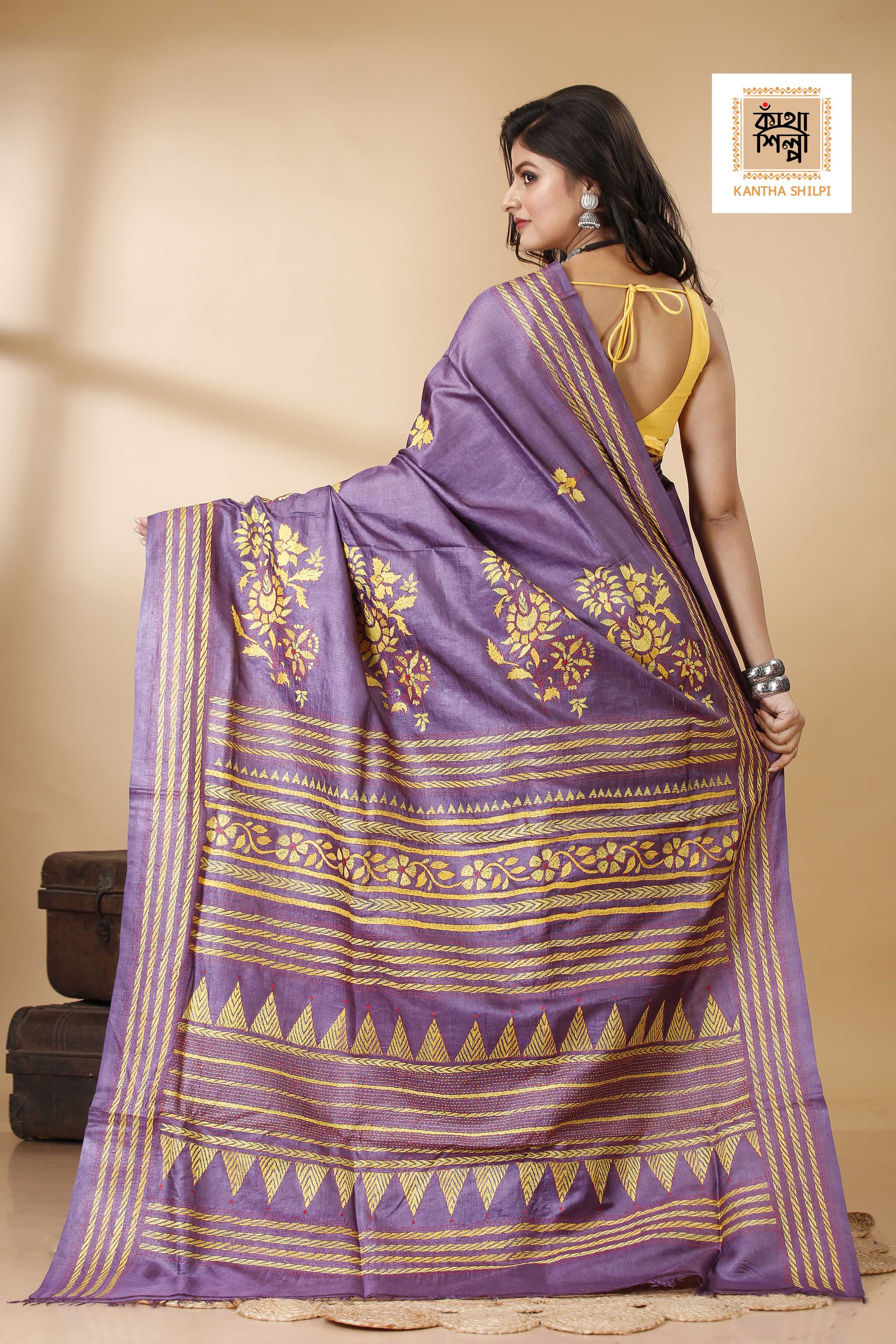 Magenta Color Dye Tussar Yellow Red color Thread Work Kantha Stitch Saree