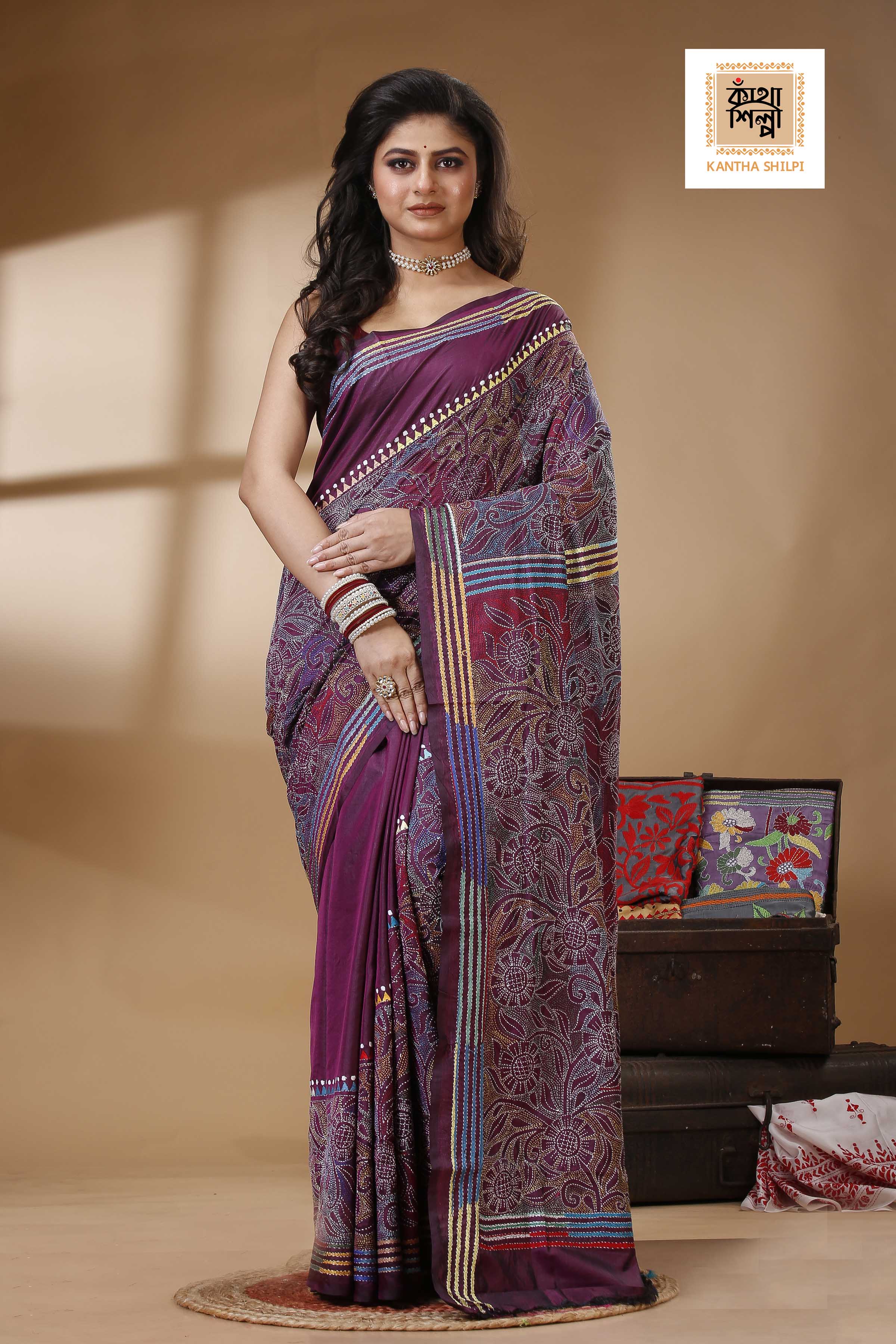 Bangalore Silk Kantha Stitch Saree SN202522691
