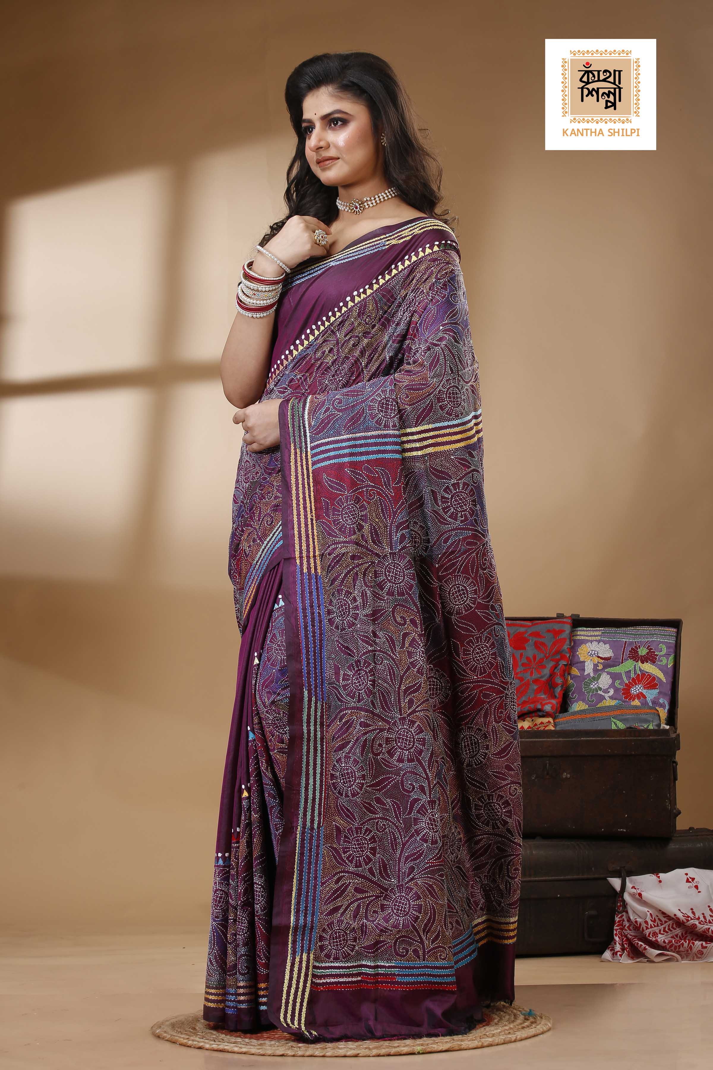 Bangalore Silk Kantha Stitch Saree SN202522691