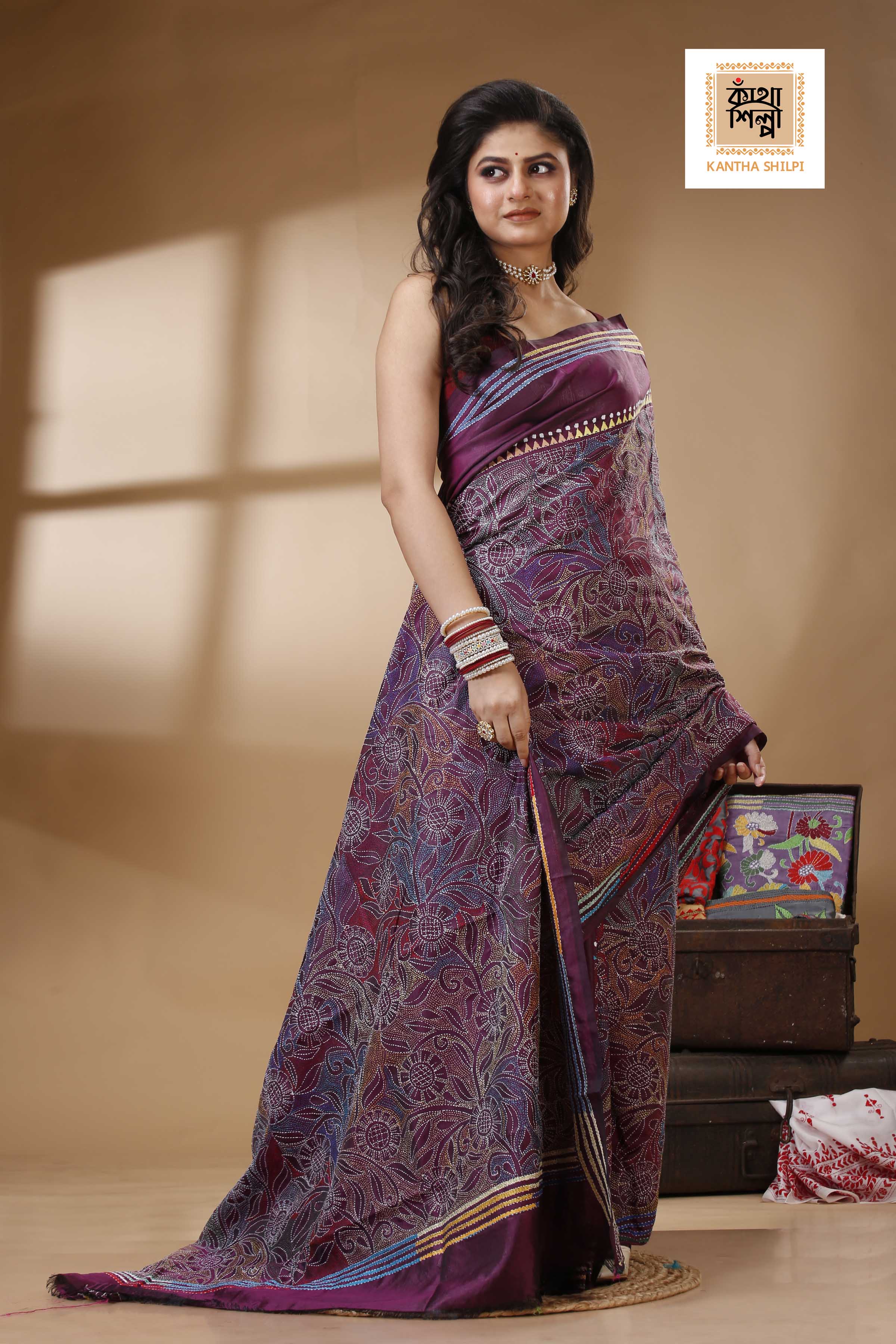 Bangalore Silk Kantha Stitch Saree SN202522691