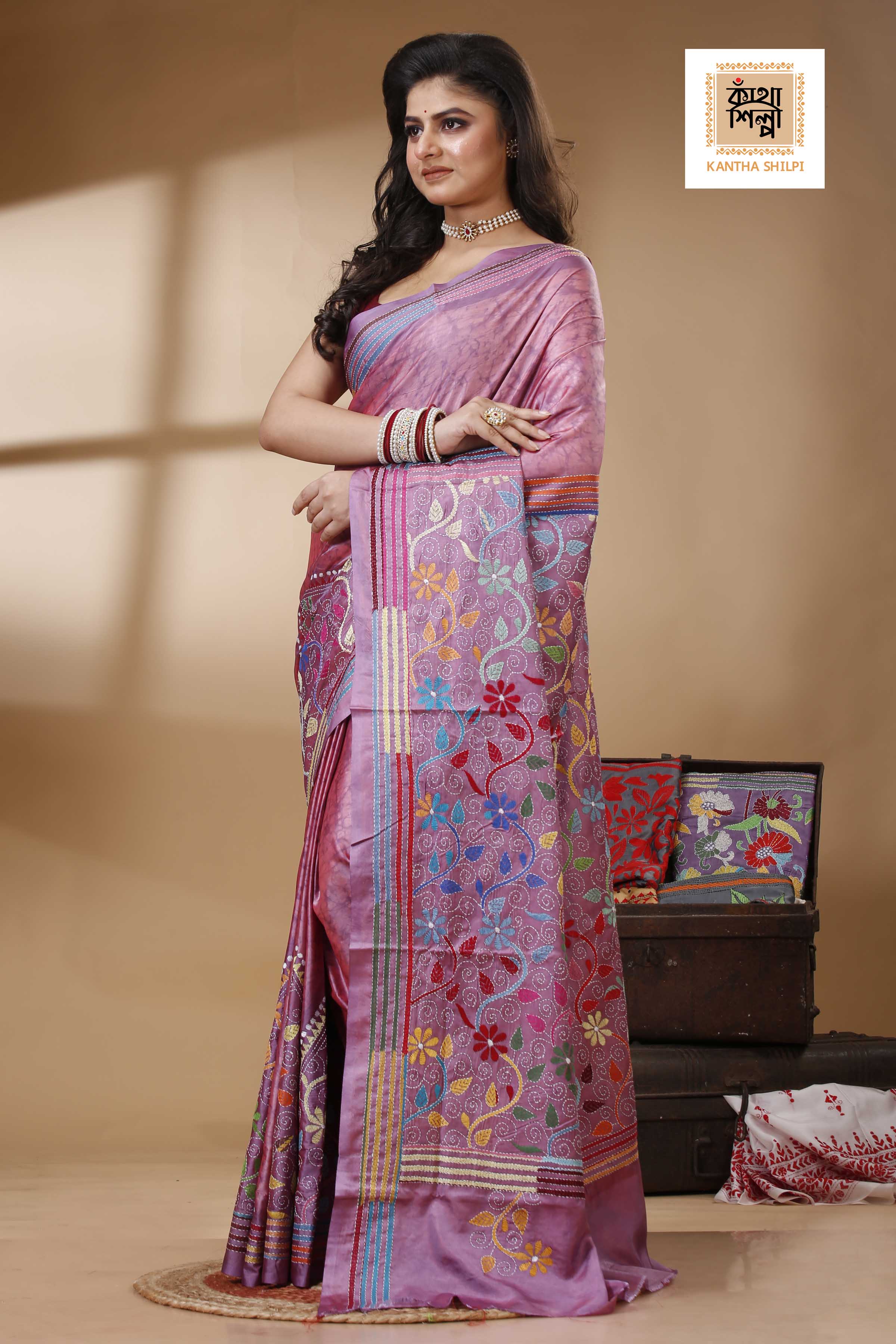 Bangalore Silk Hand Batik and Kantha Stitch Saree SN202522709
