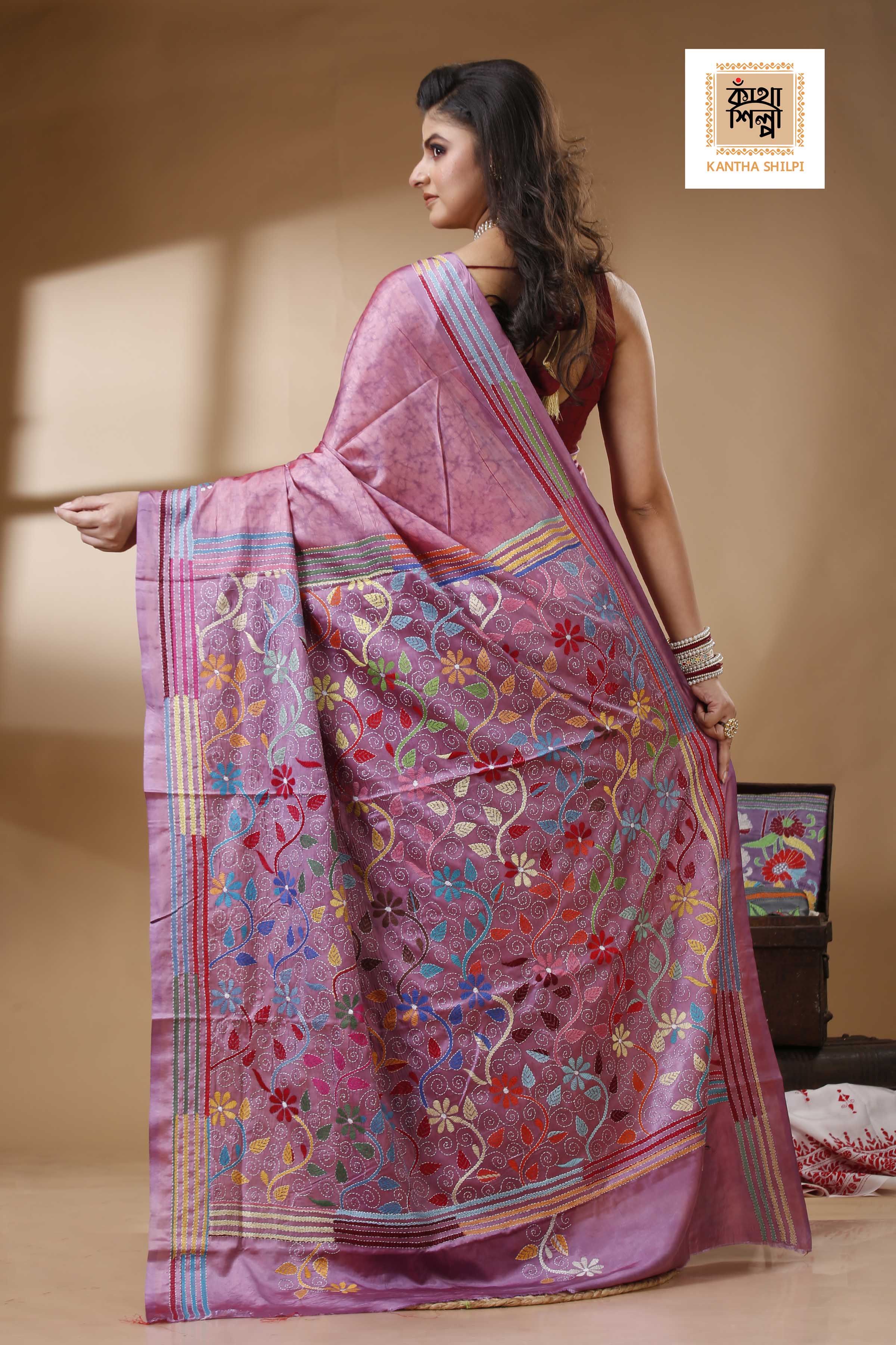 Bangalore Silk Hand Batik and Kantha Stitch Saree SN202522709