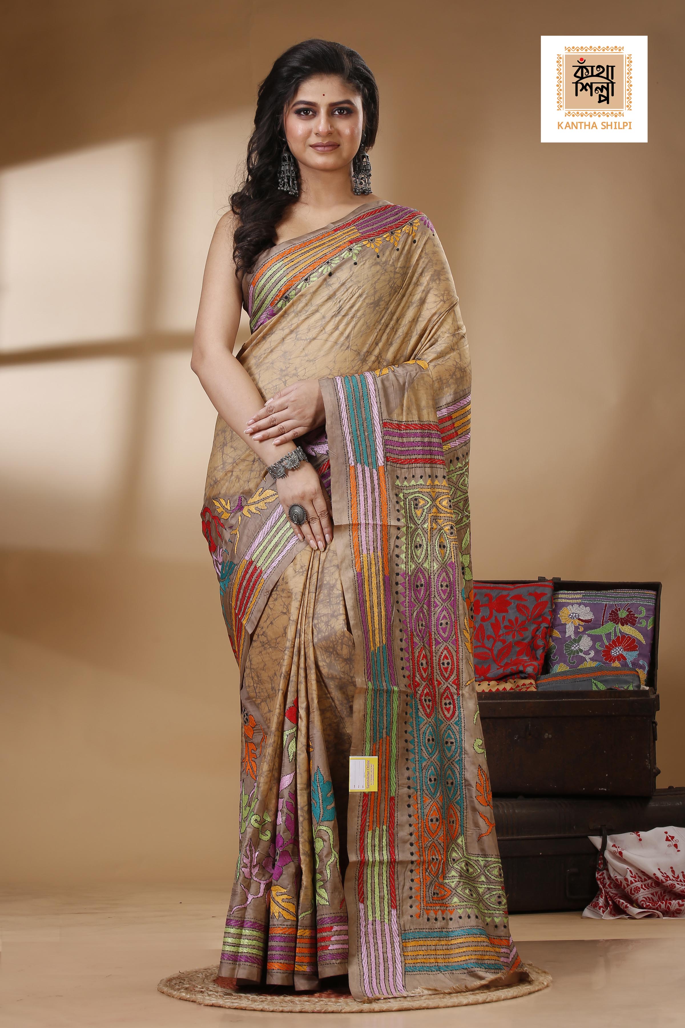 Bangalore Silk Hand Batik and Kantha Stitch Saree SN202522817