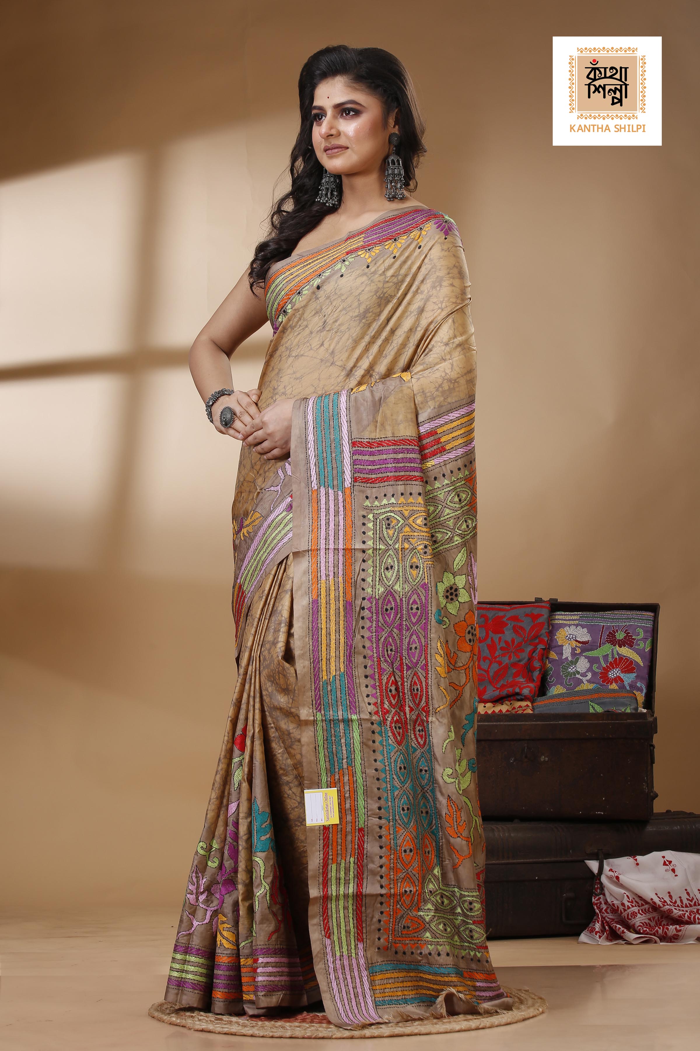 Bangalore Silk Hand Batik and Kantha Stitch Saree SN202522817
