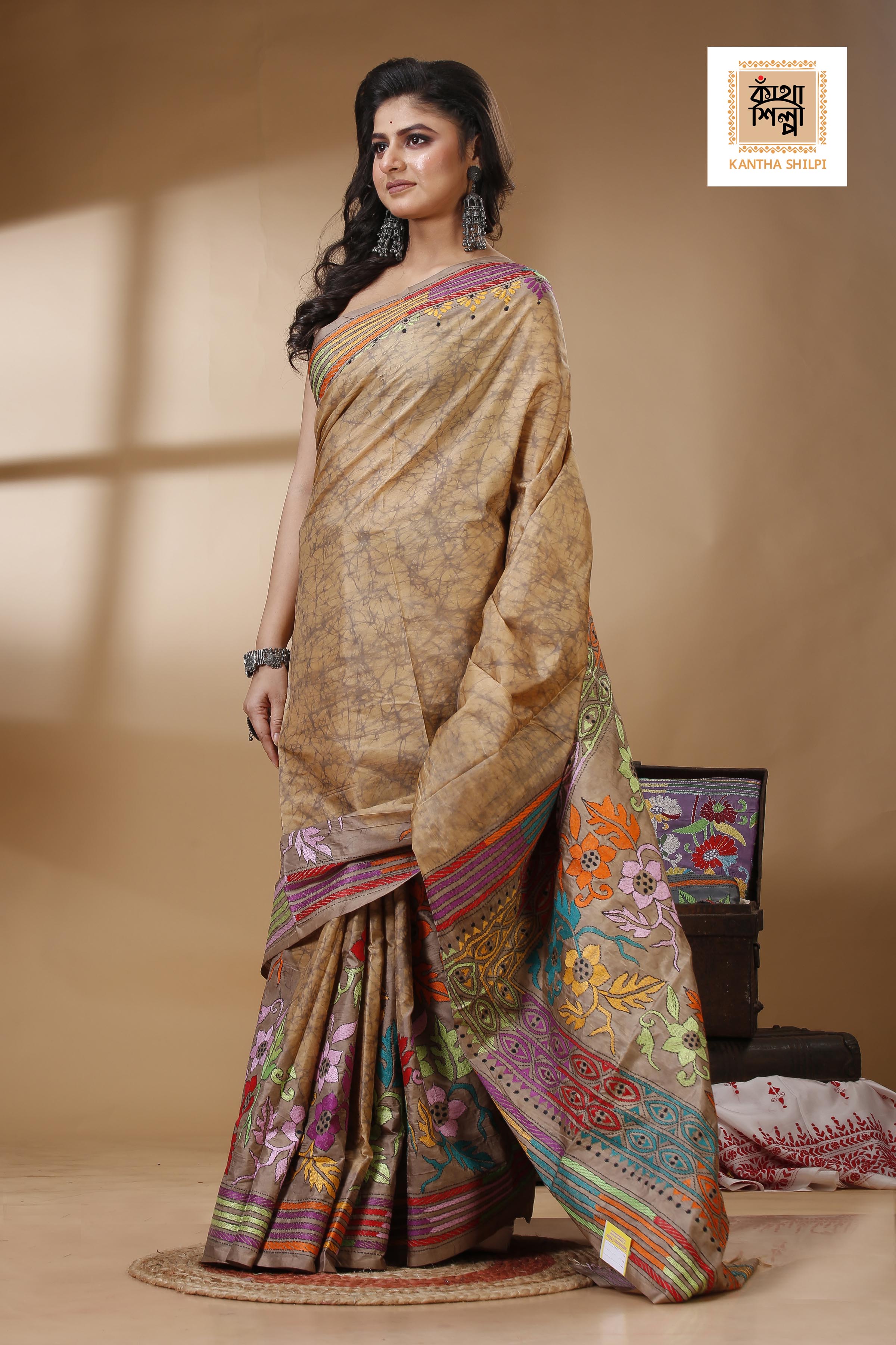 Bangalore Silk Hand Batik and Kantha Stitch Saree SN202522817