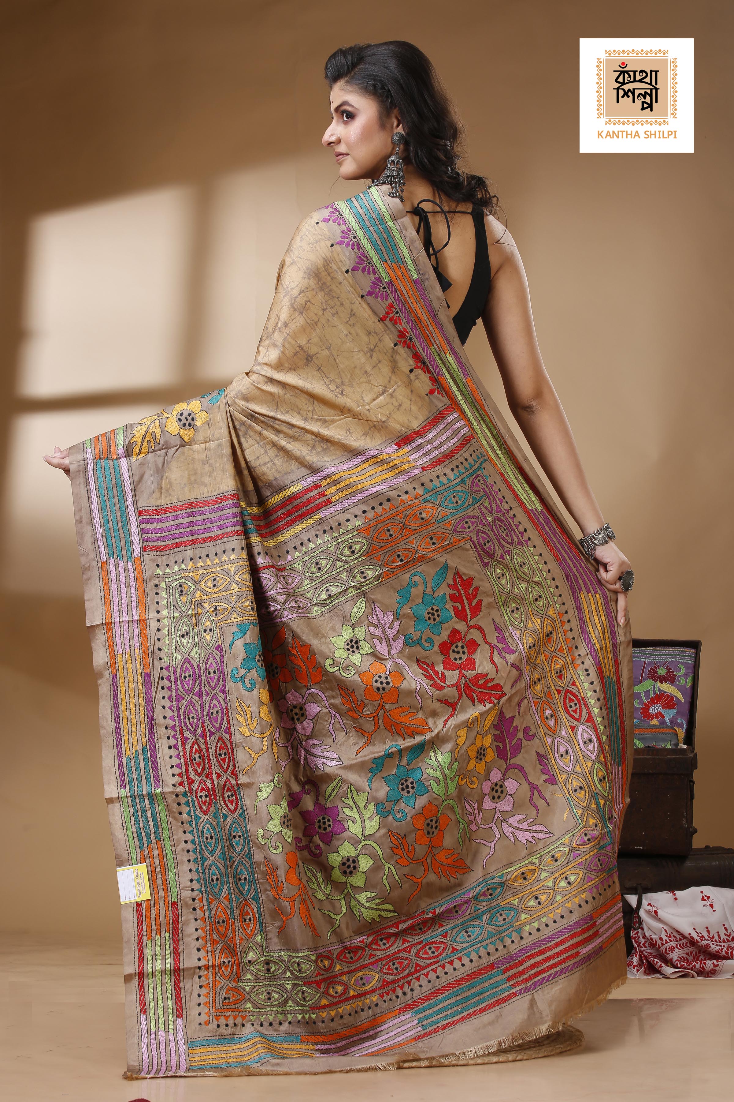 Bangalore Silk Hand Batik and Kantha Stitch Saree SN202522817