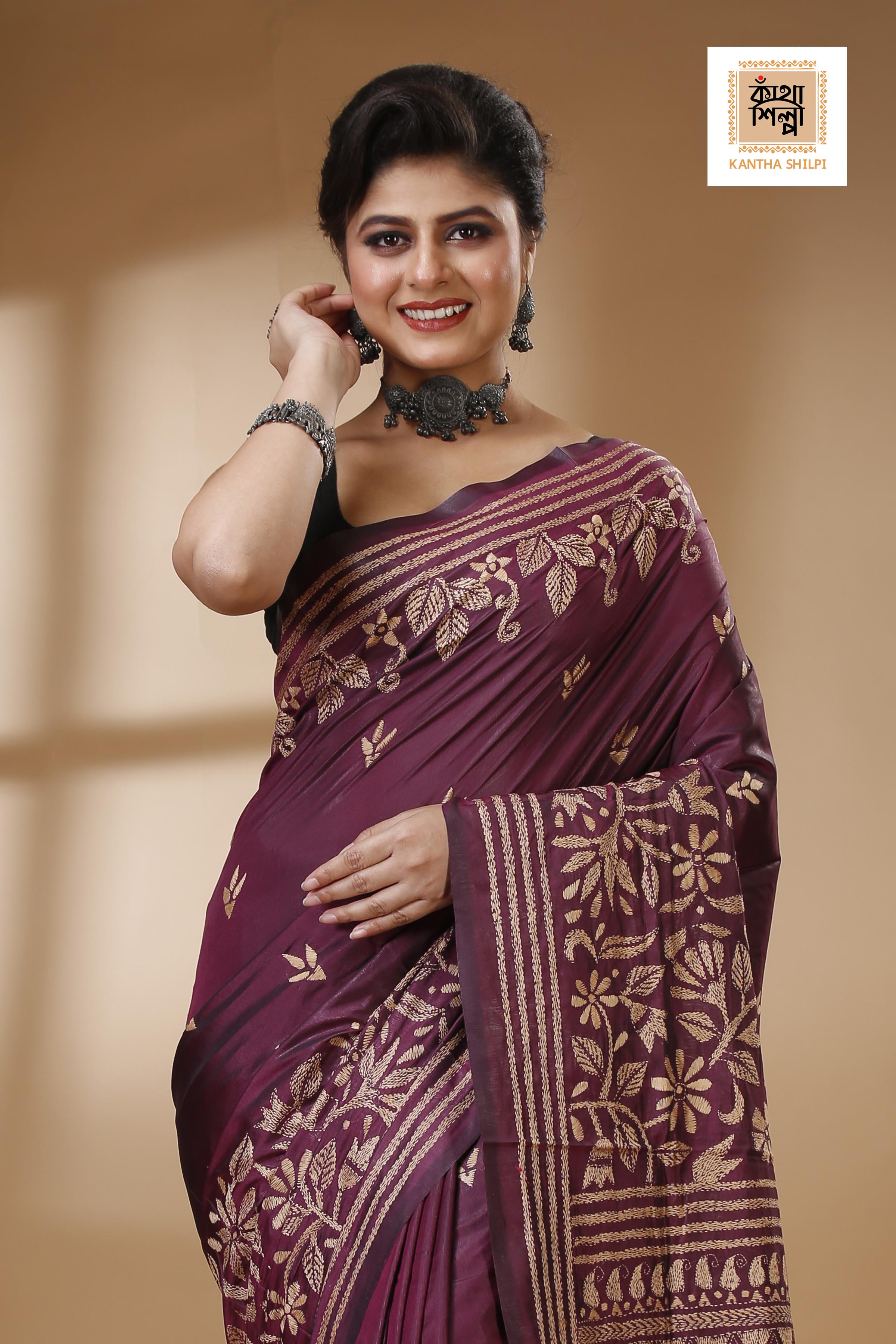 Bangalore Silk Kantha Stitch Saree SN202522913
