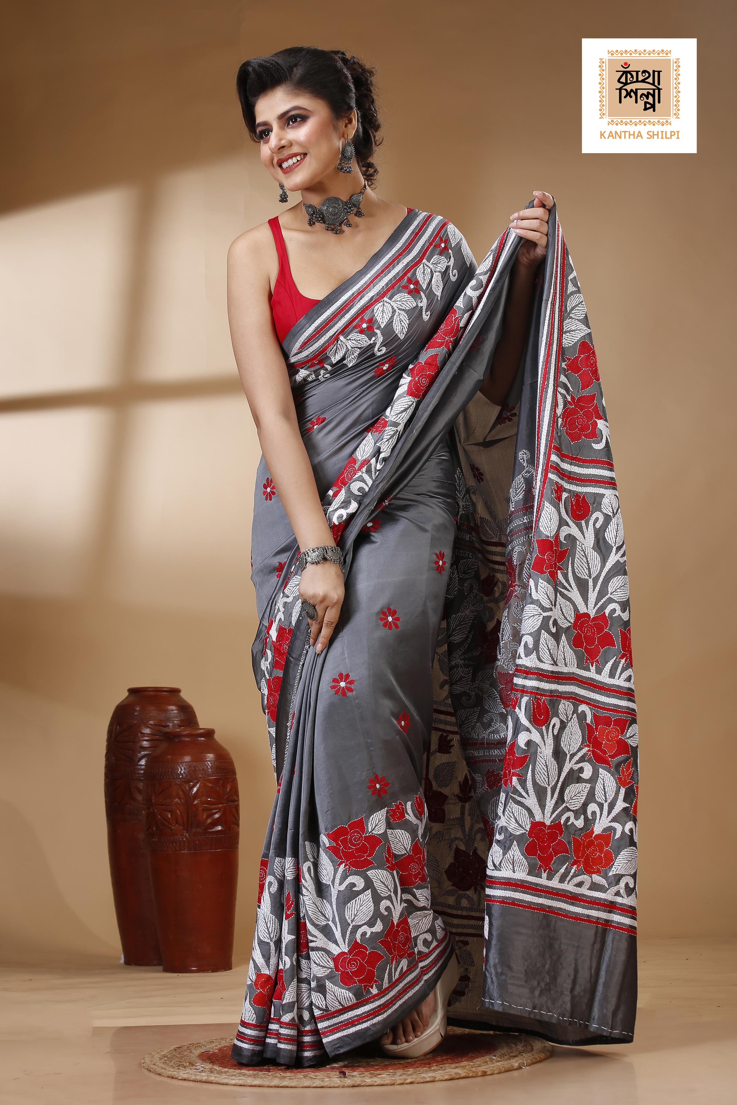 Bangalore Silk Kantha Stitch Saree SN202522973