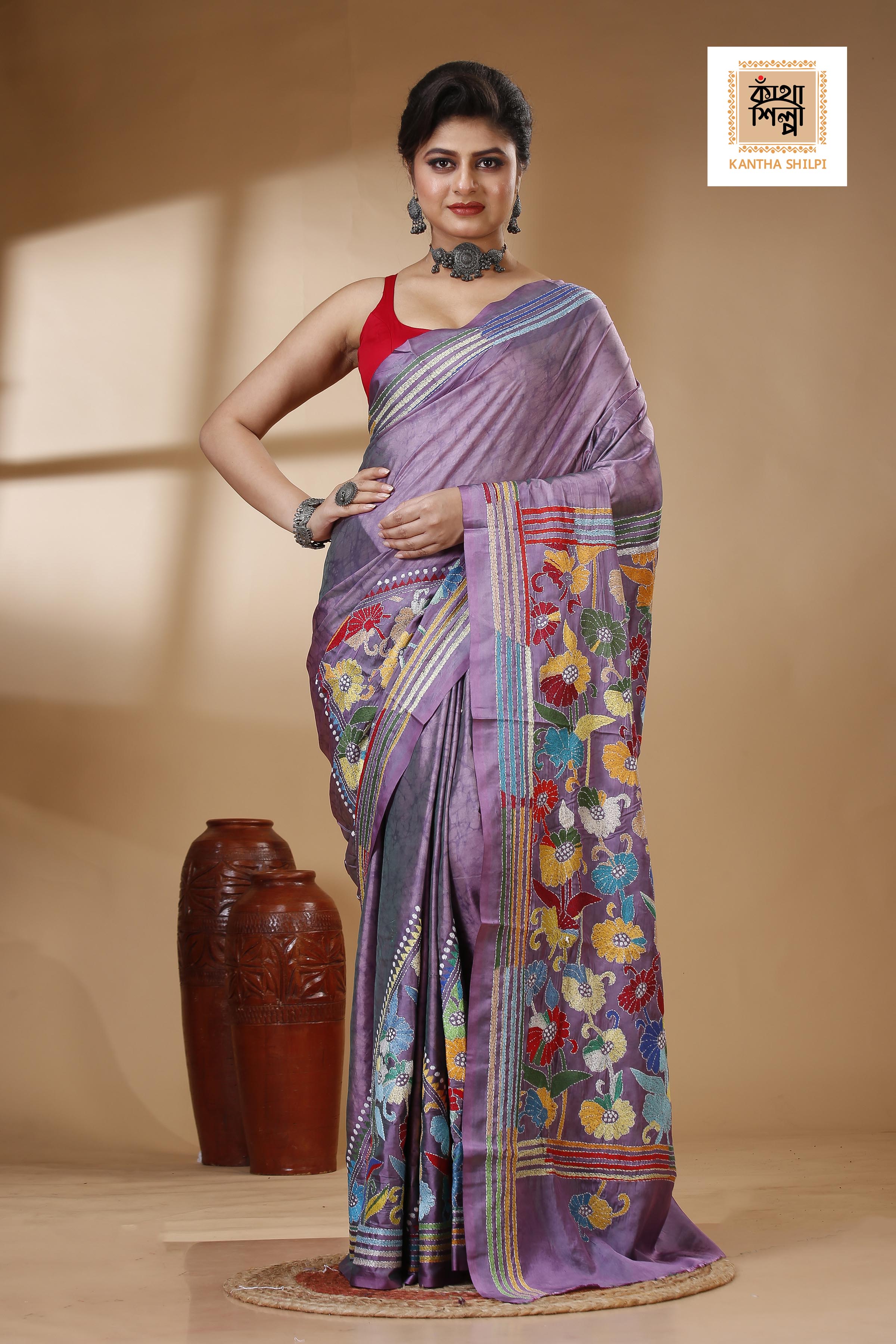 Bangalore Silk Hand Batik and Kantha Stitch Saree SN202523001