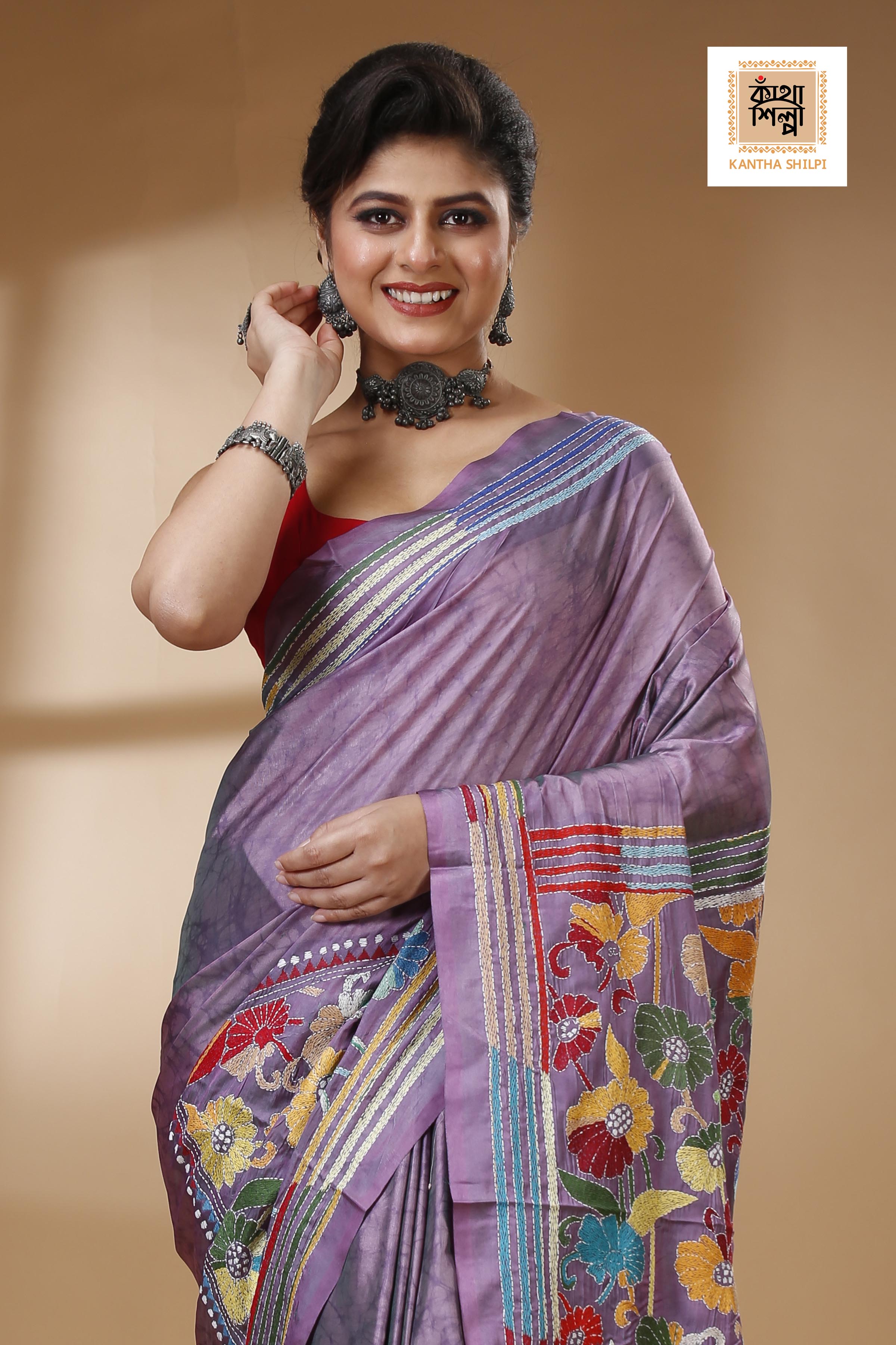 Bangalore Silk Hand Batik and Kantha Stitch Saree SN202523001