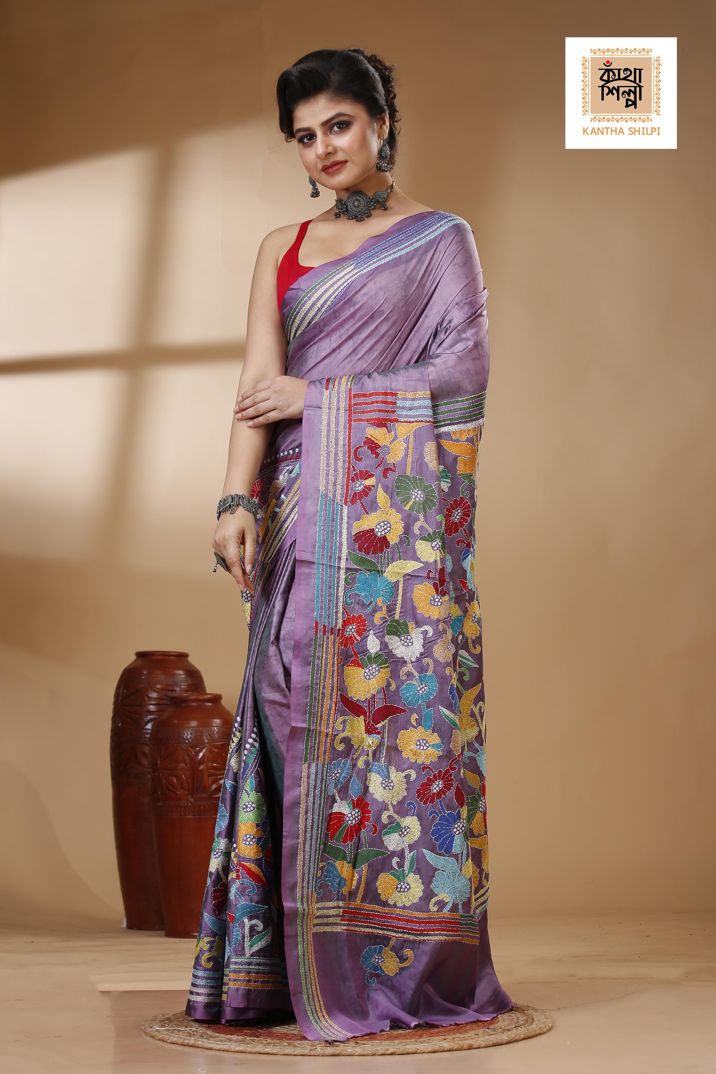 Bangalore Silk Hand Batik and Kantha Stitch Saree SN202523001