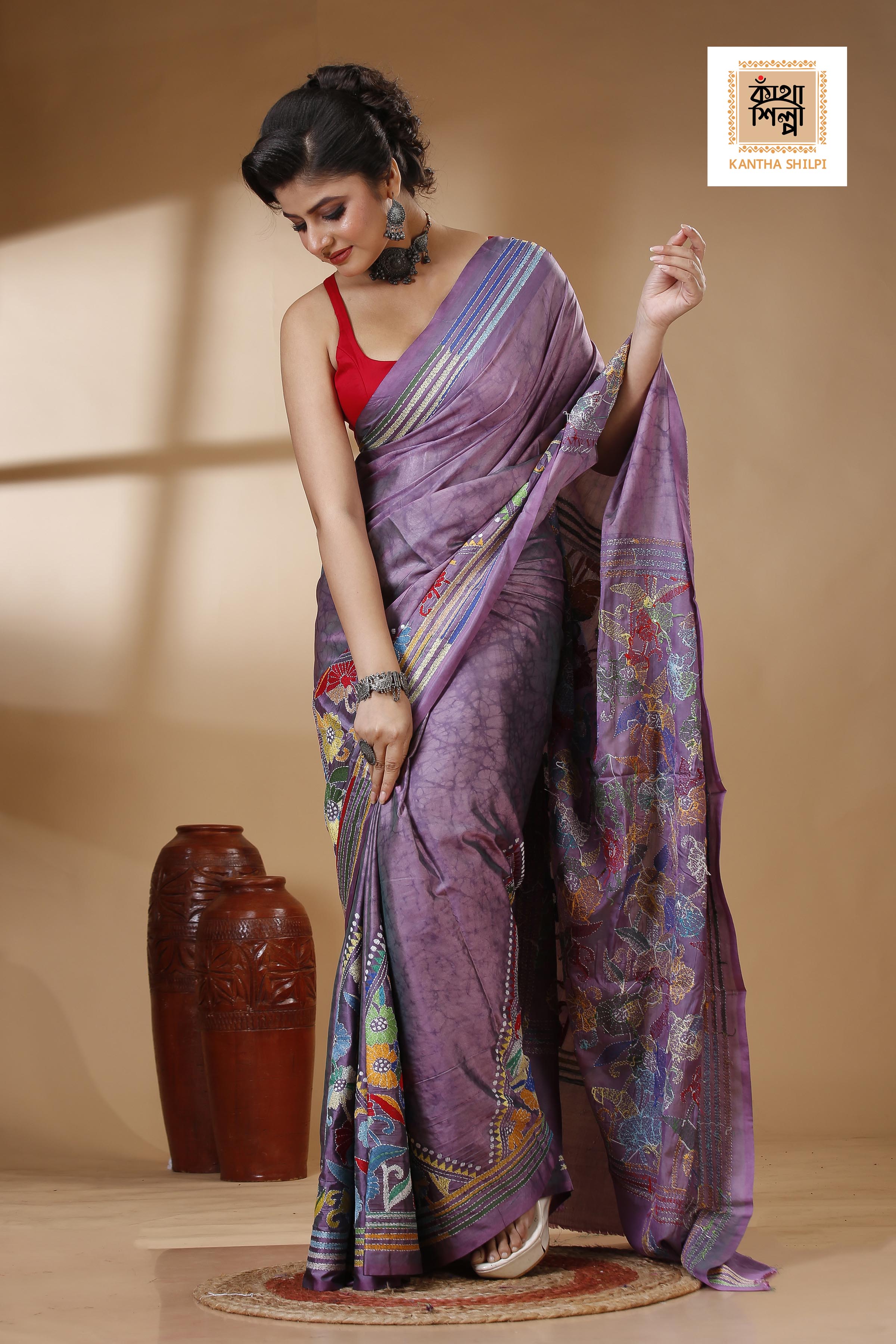 Bangalore Silk Hand Batik and Kantha Stitch Saree SN202523001