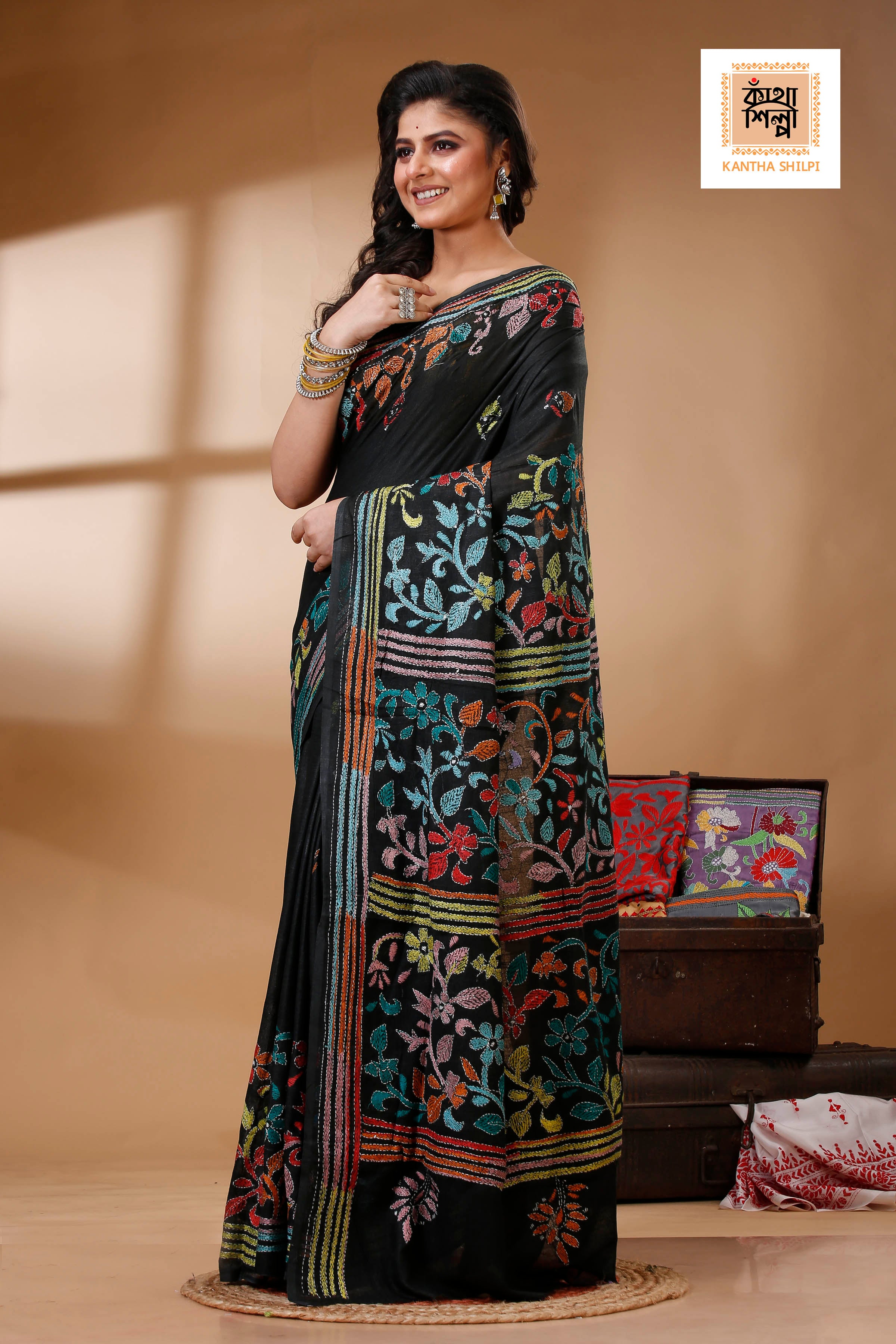 Slub Cotton Kantha Stitch (Hand Embroidery) Saree SN202523019