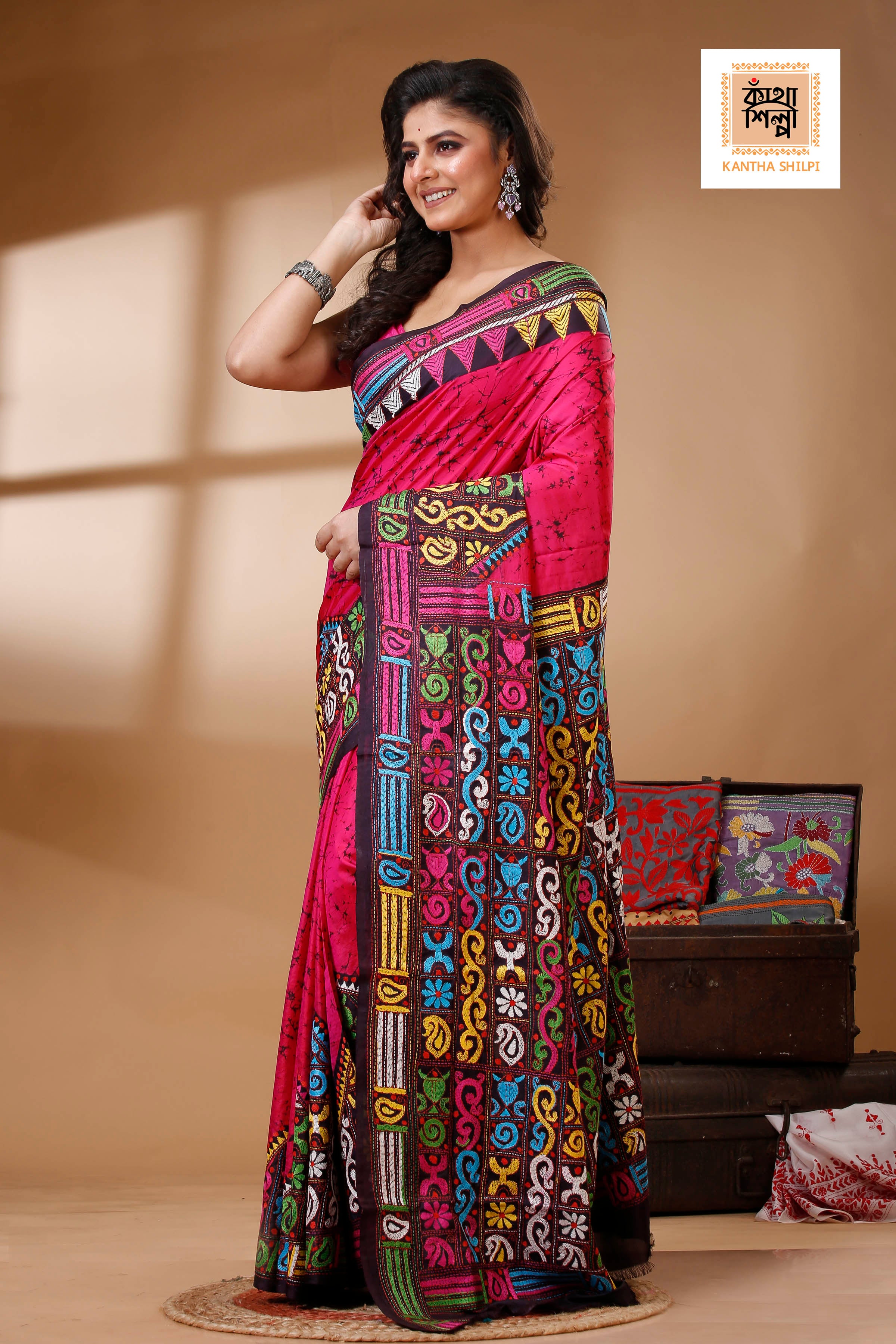 Pure Bangalore Silk Hand Batik and Kantha Stitch Saree SN202523201