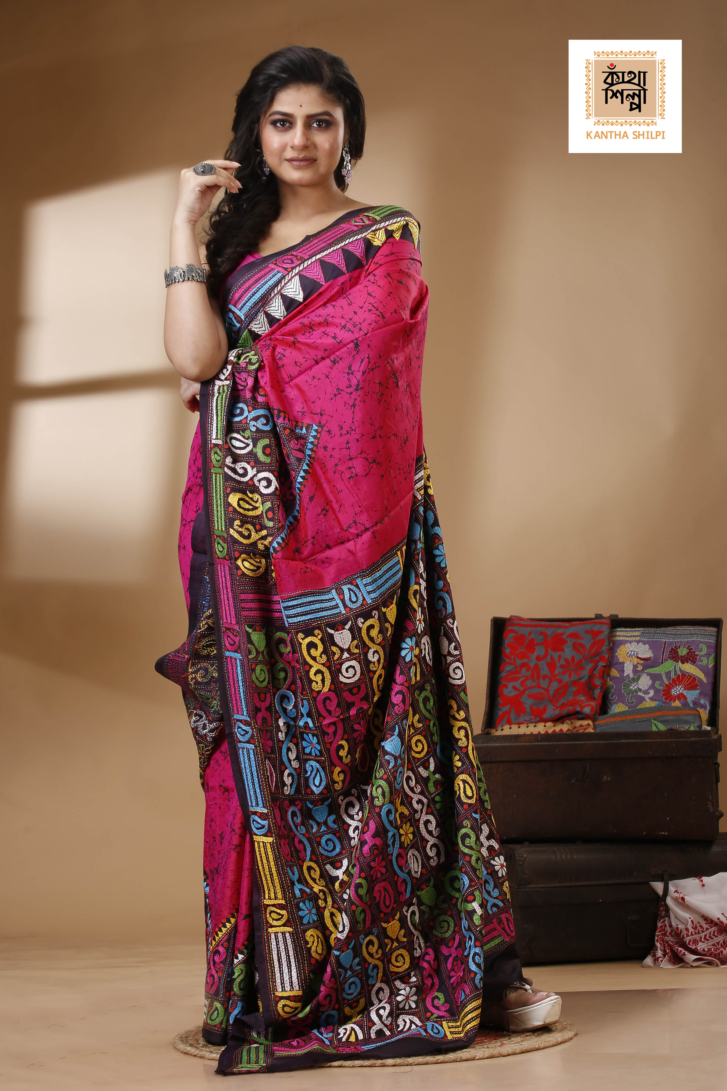 Pure Bangalore Silk Hand Batik and Kantha Stitch Saree SN202523201
