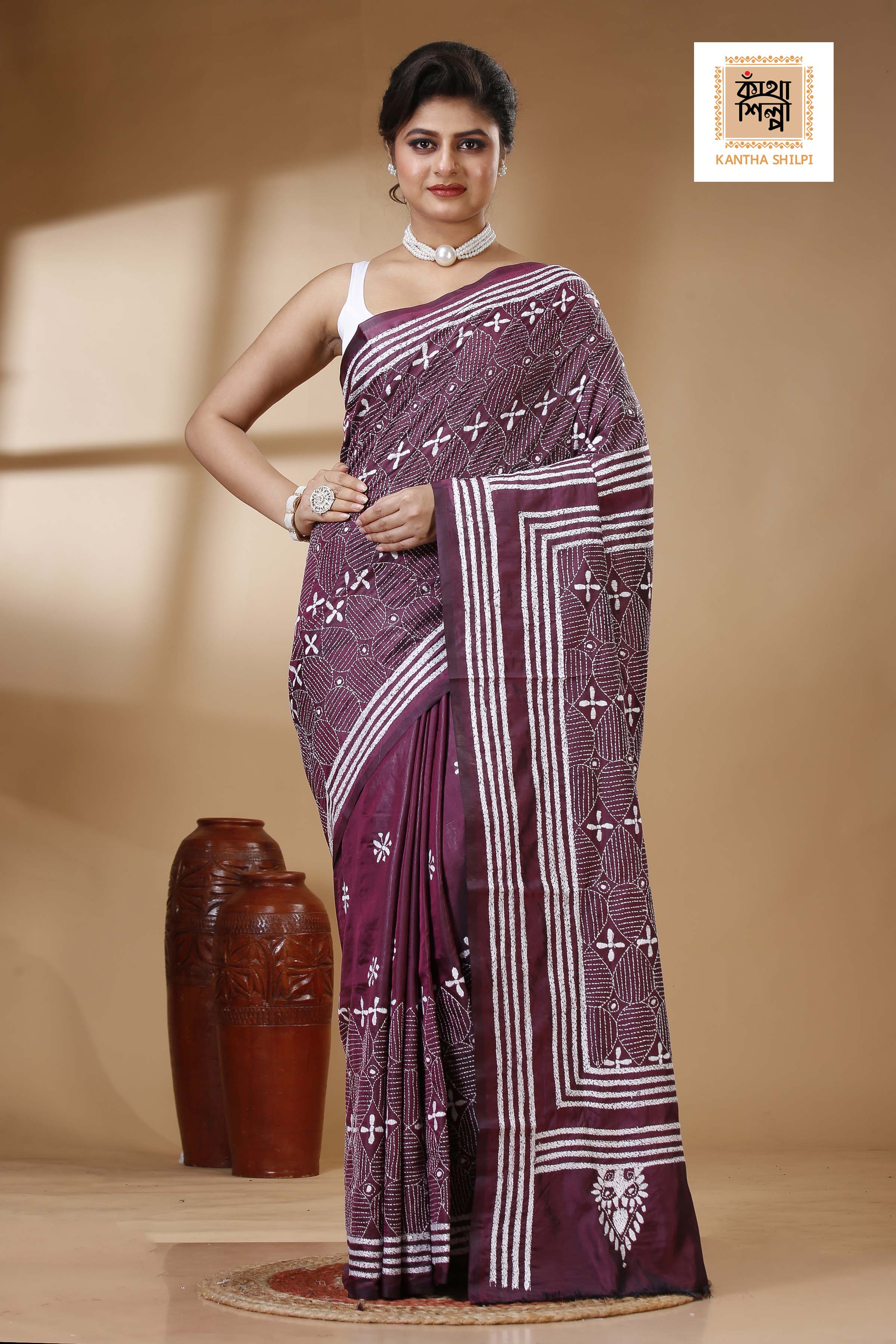 Bangalore Silk Kantha Stitch Saree SN202523291