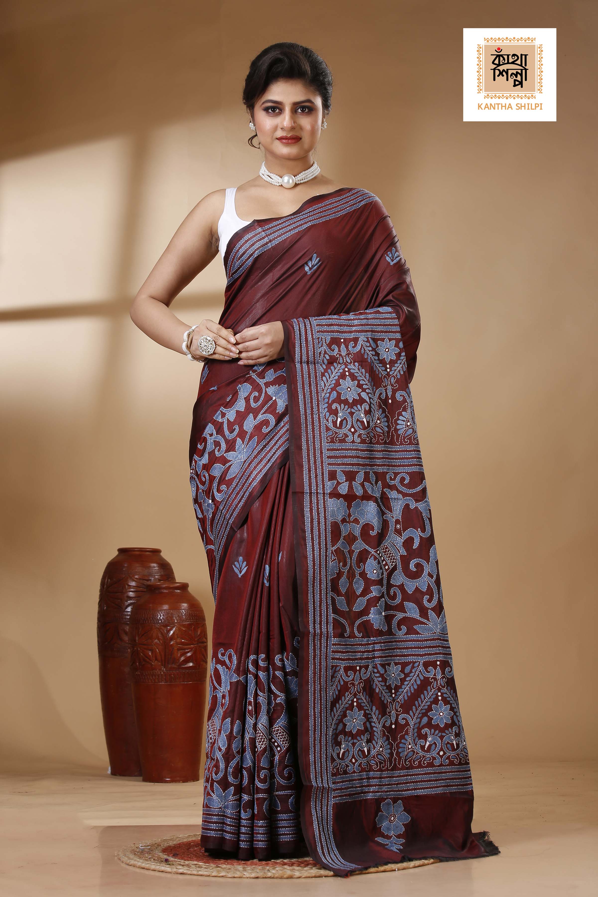 Bangalore Silk Kantha Stitch Saree SN202523340