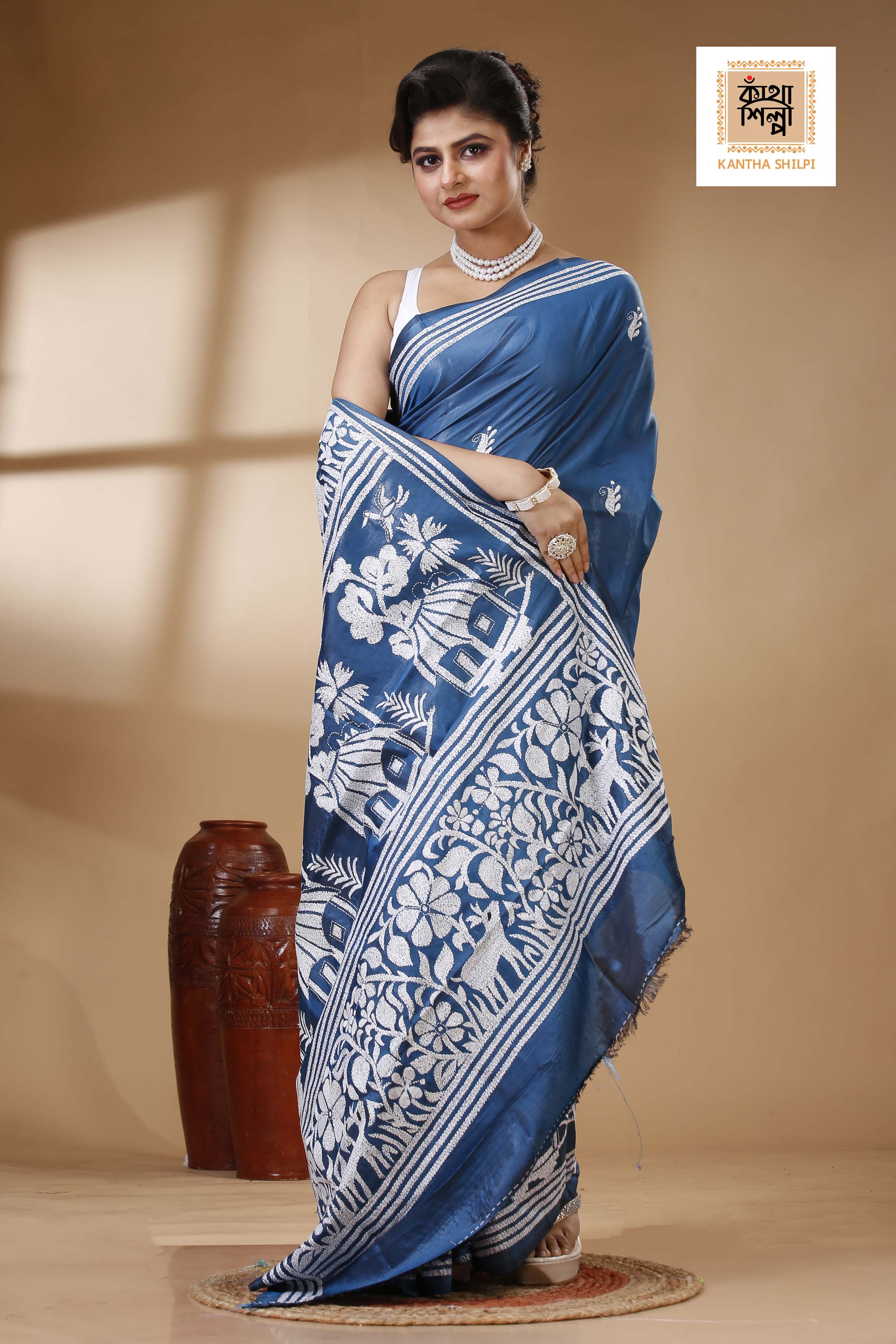 Bangalore Silk Kantha Stitch Saree SN202523425