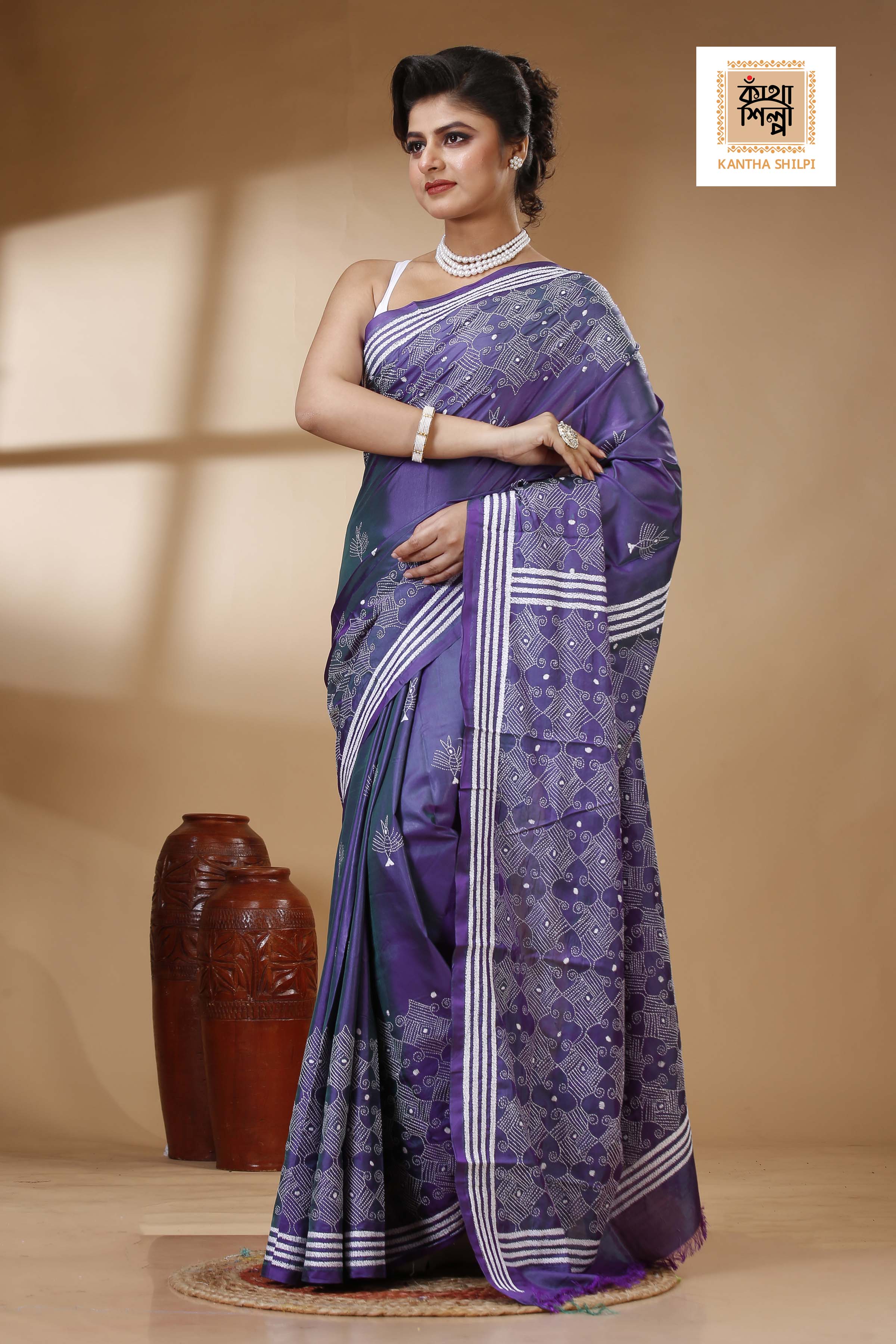 Bangalore Silk Kantha Stitch Saree SN202523431