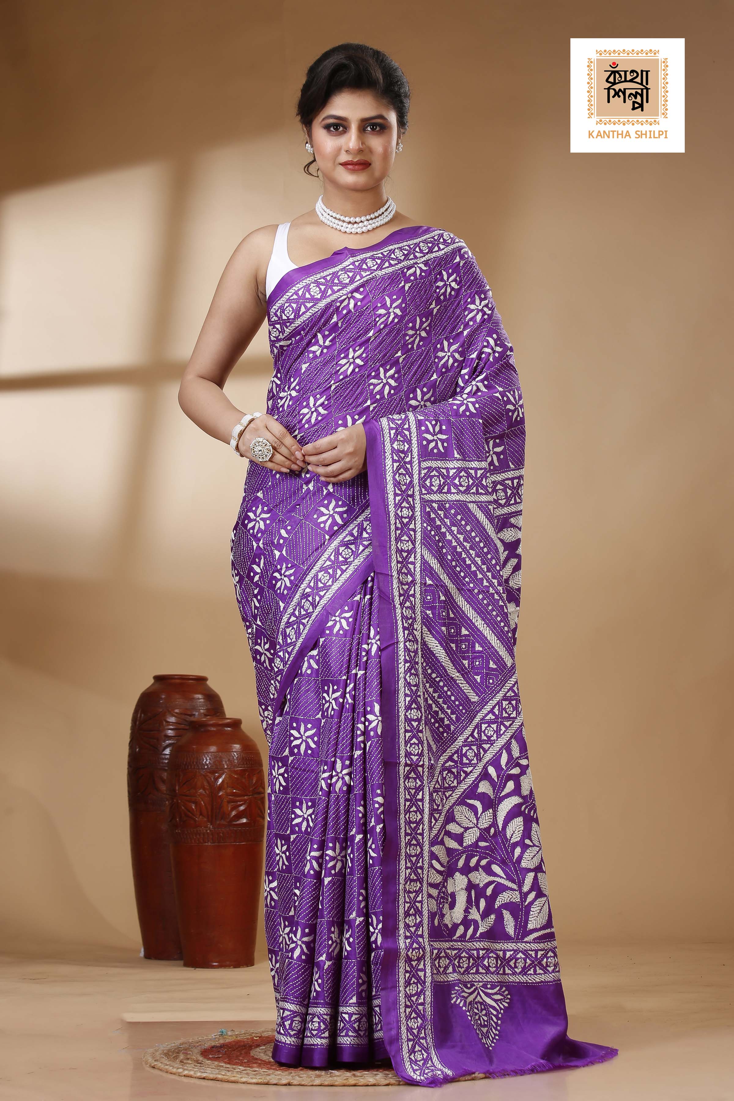 Bangalore Silk Kantha Stitch Saree SN202523449
