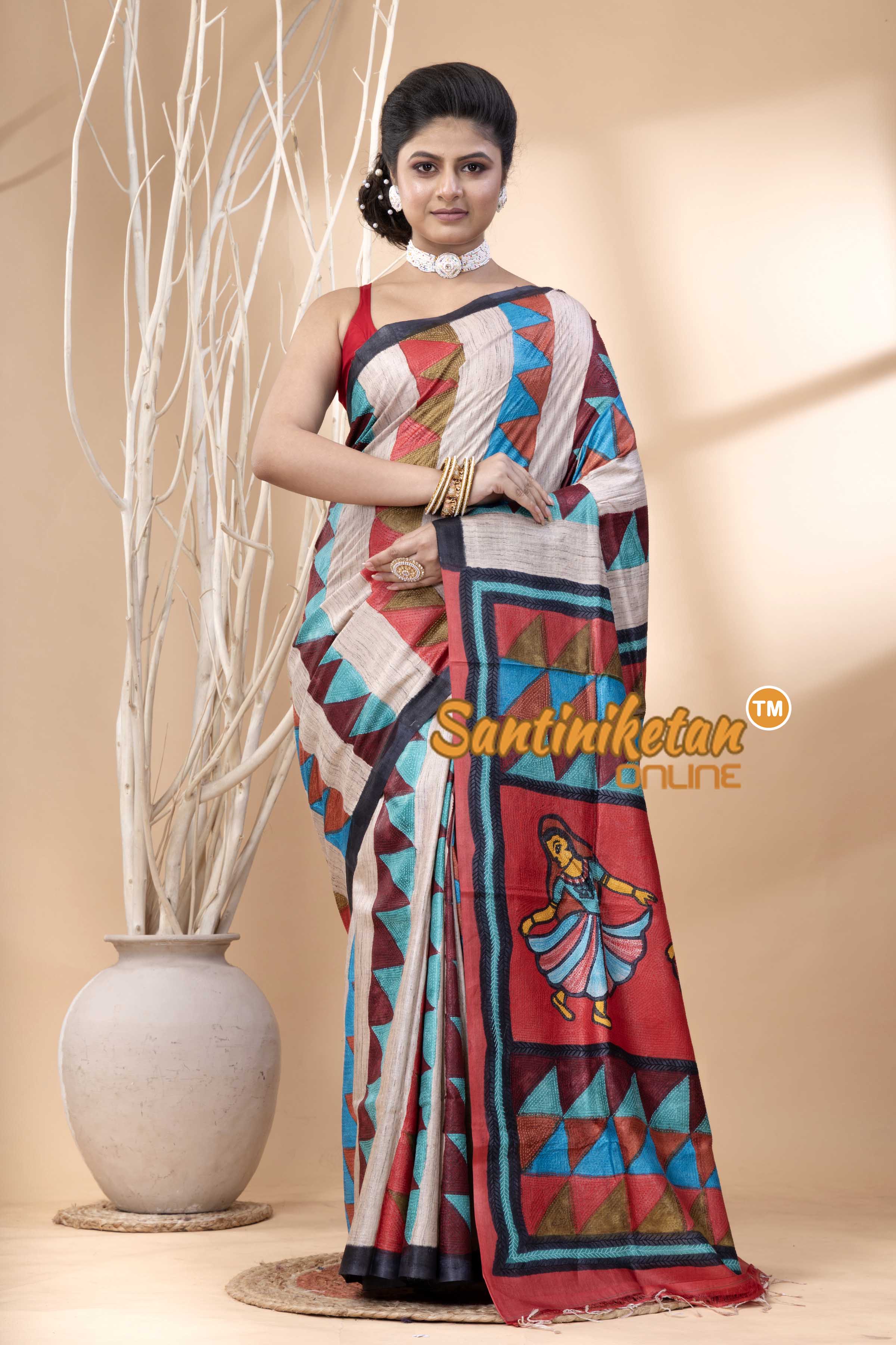 Pure Tussar Painting Kantha Stitch Saree SN202524142
