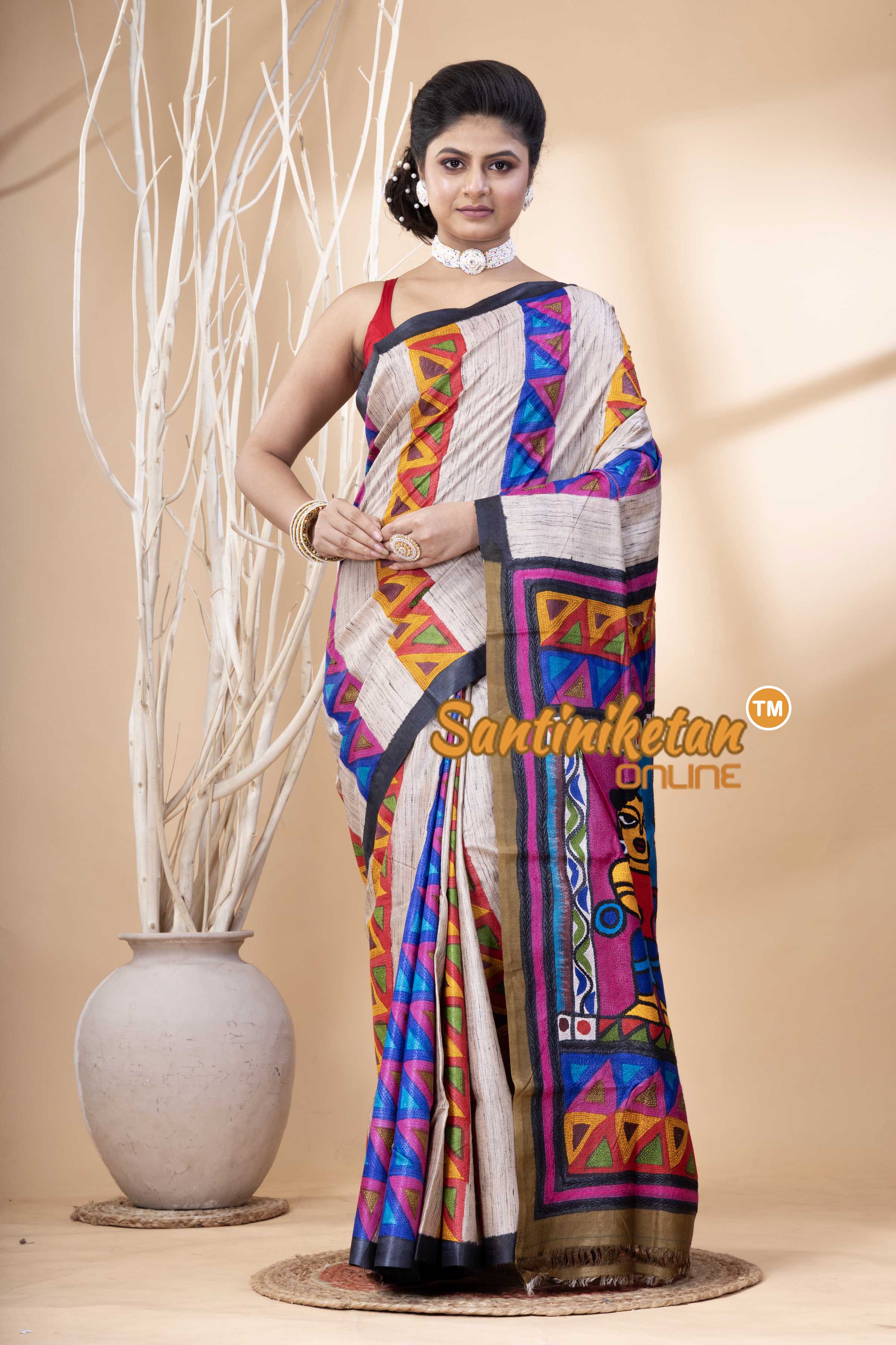 Pure Tussar Painting Kantha Stitch Saree SN202524179