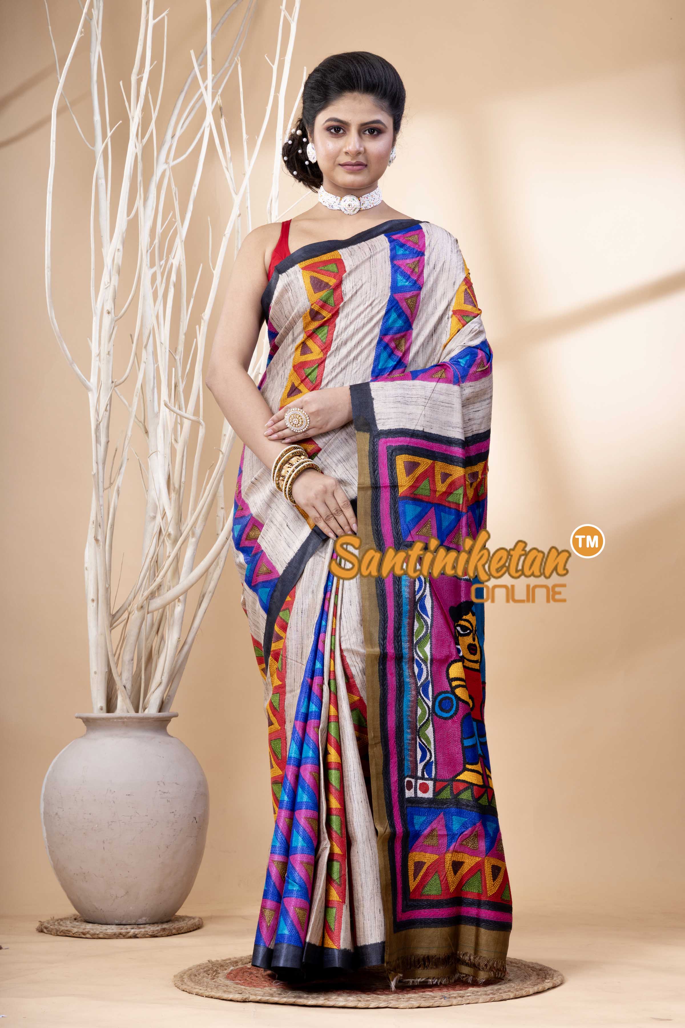 Pure Tussar Painting Kantha Stitch Saree SN202524179