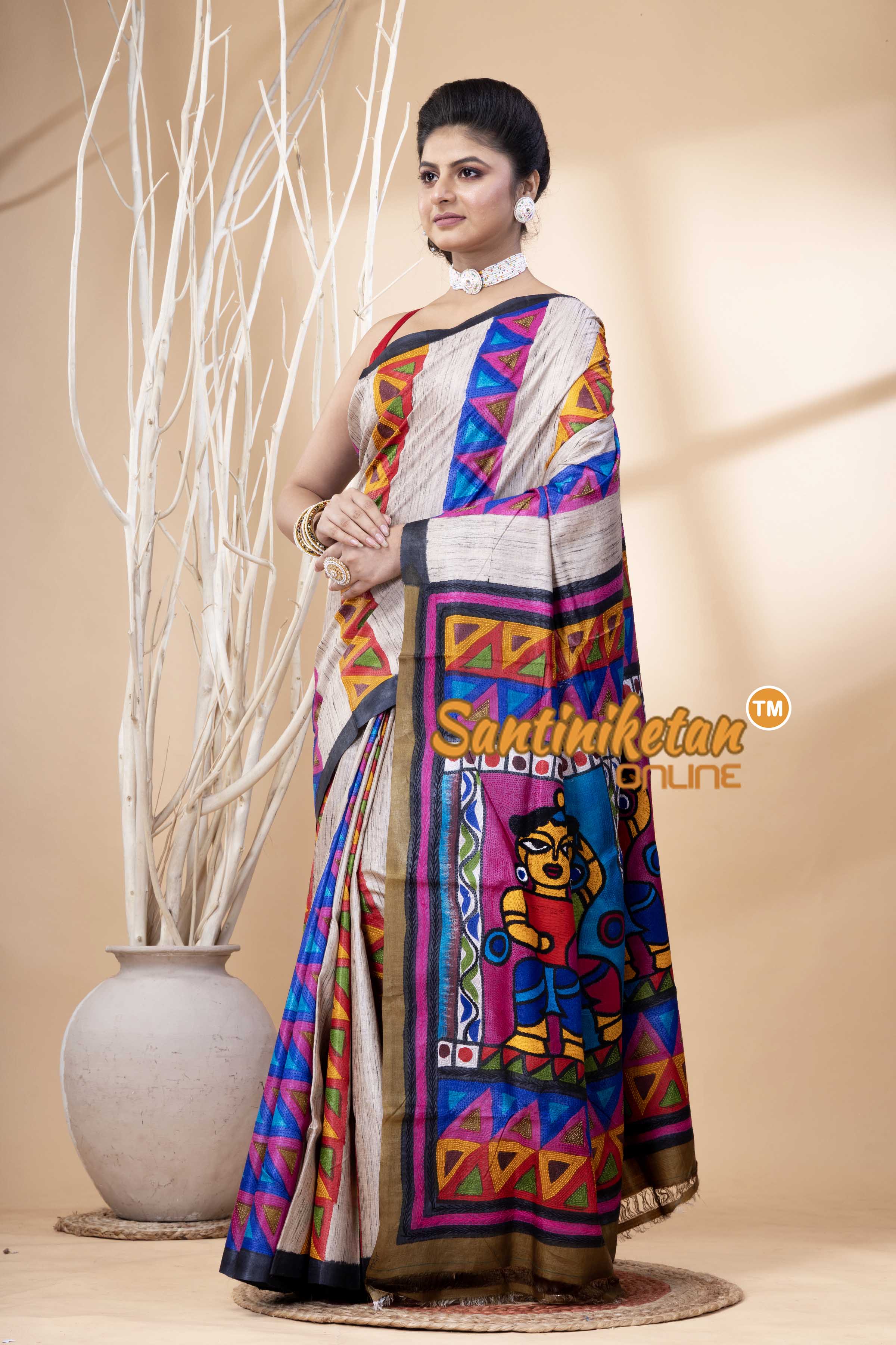 Pure Tussar Painting Kantha Stitch Saree SN202524179